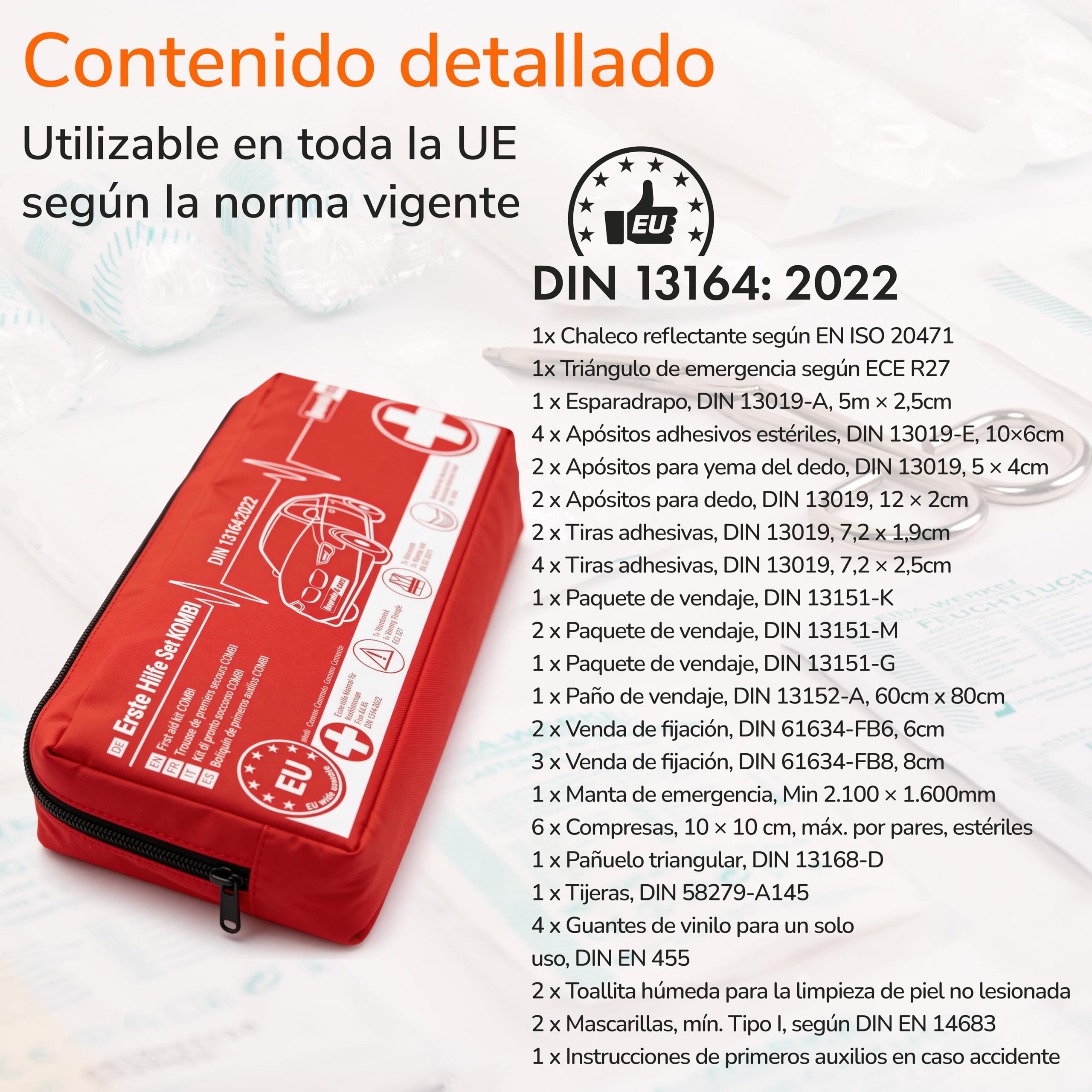 Upgrade4cars Botiquín de Primeros Auxilios Coche 2026 con Triángulo de Emergencia y Chaleco Reflectante según Norma Actual DIN 13164 Válido en Toda Europa