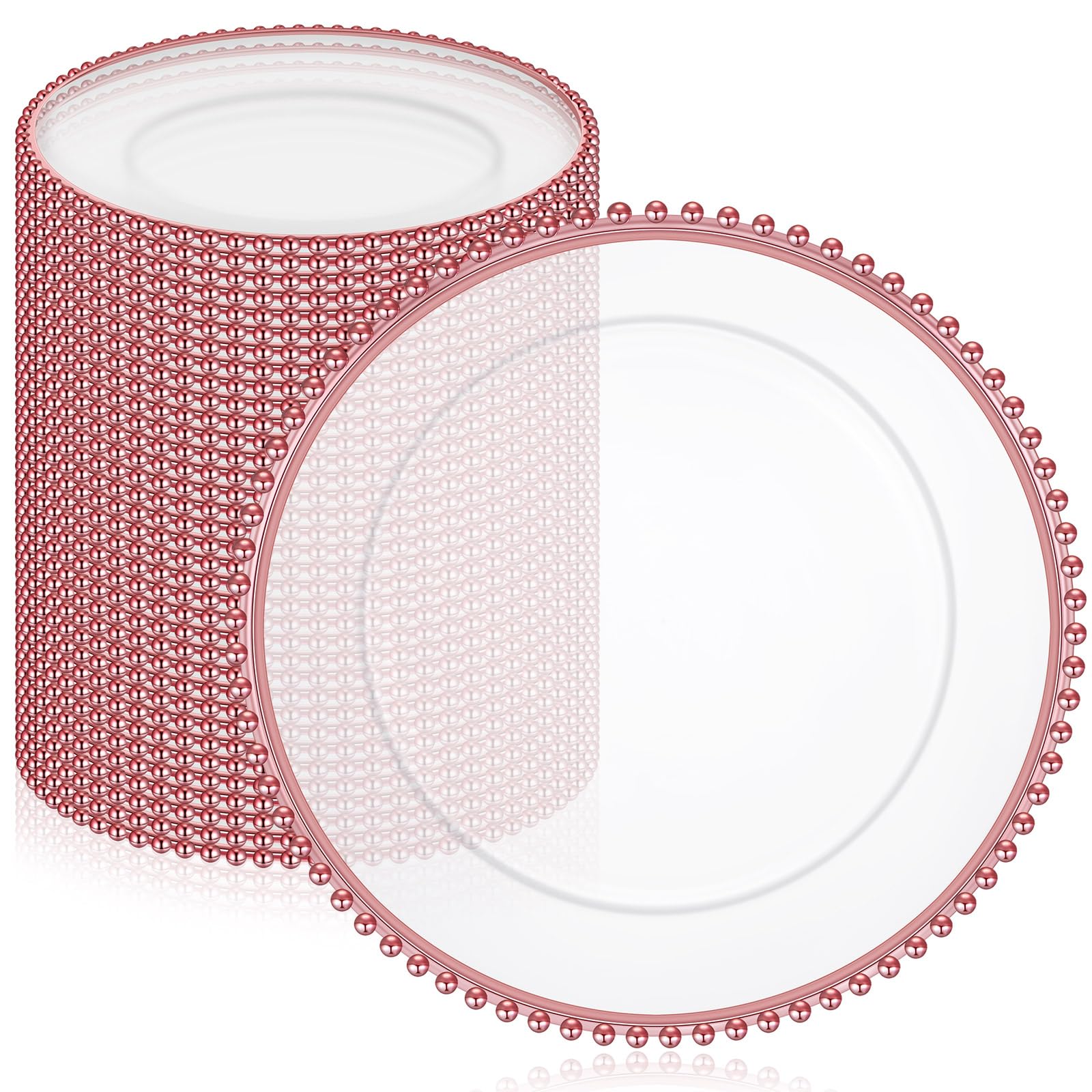 Gerrii 50 Pcs Clear Charger Plates 13 Inch Plastic Round Dinner Plates with Beaded Rim Dinner Table Decorative Plates for Home Wedding Kitchen Birthday Bridal Shower Party Dinner Table Supply (Pink)
