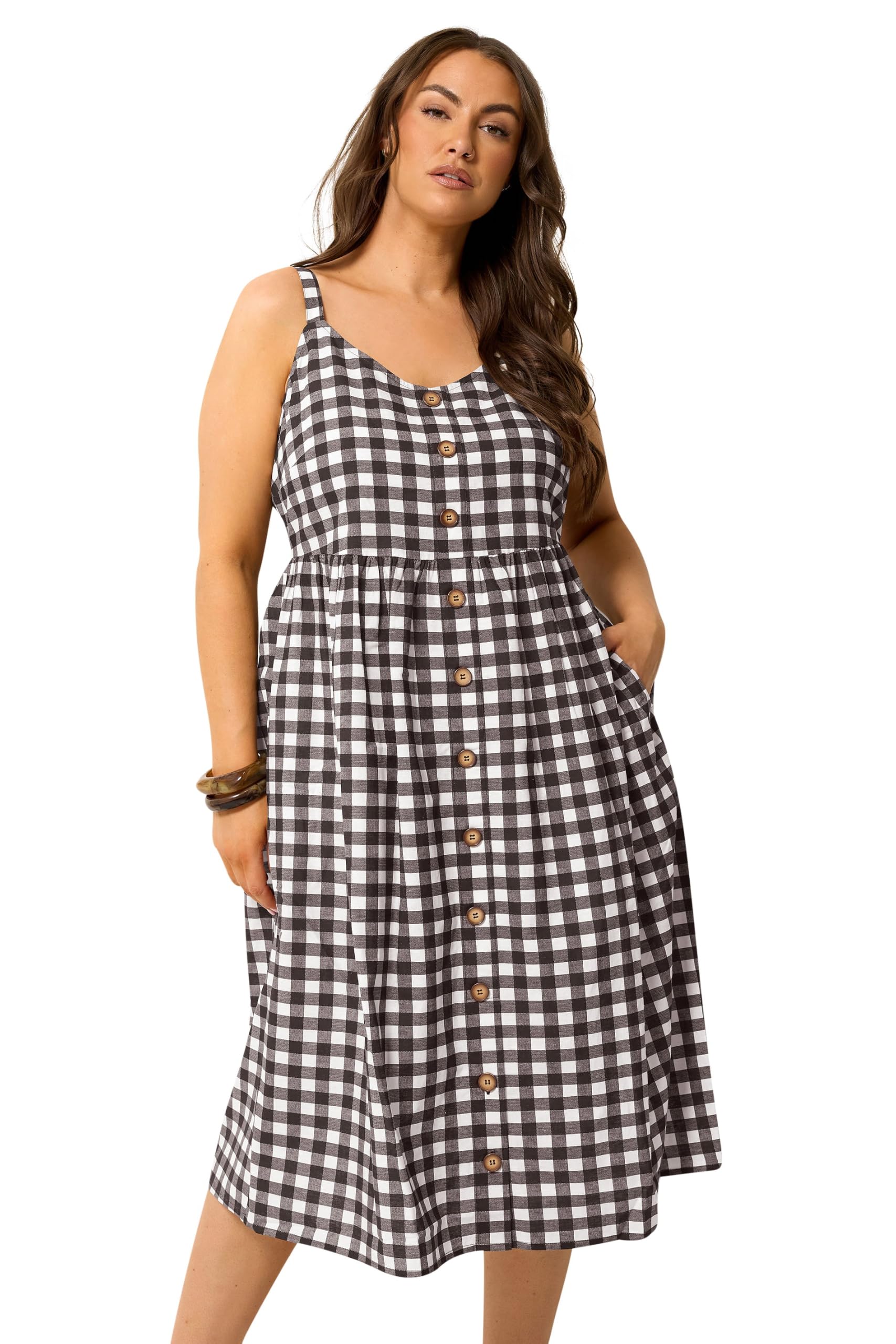 Yours Curve Brown Gingham Linen Dress - Women's - Plus Size Curve