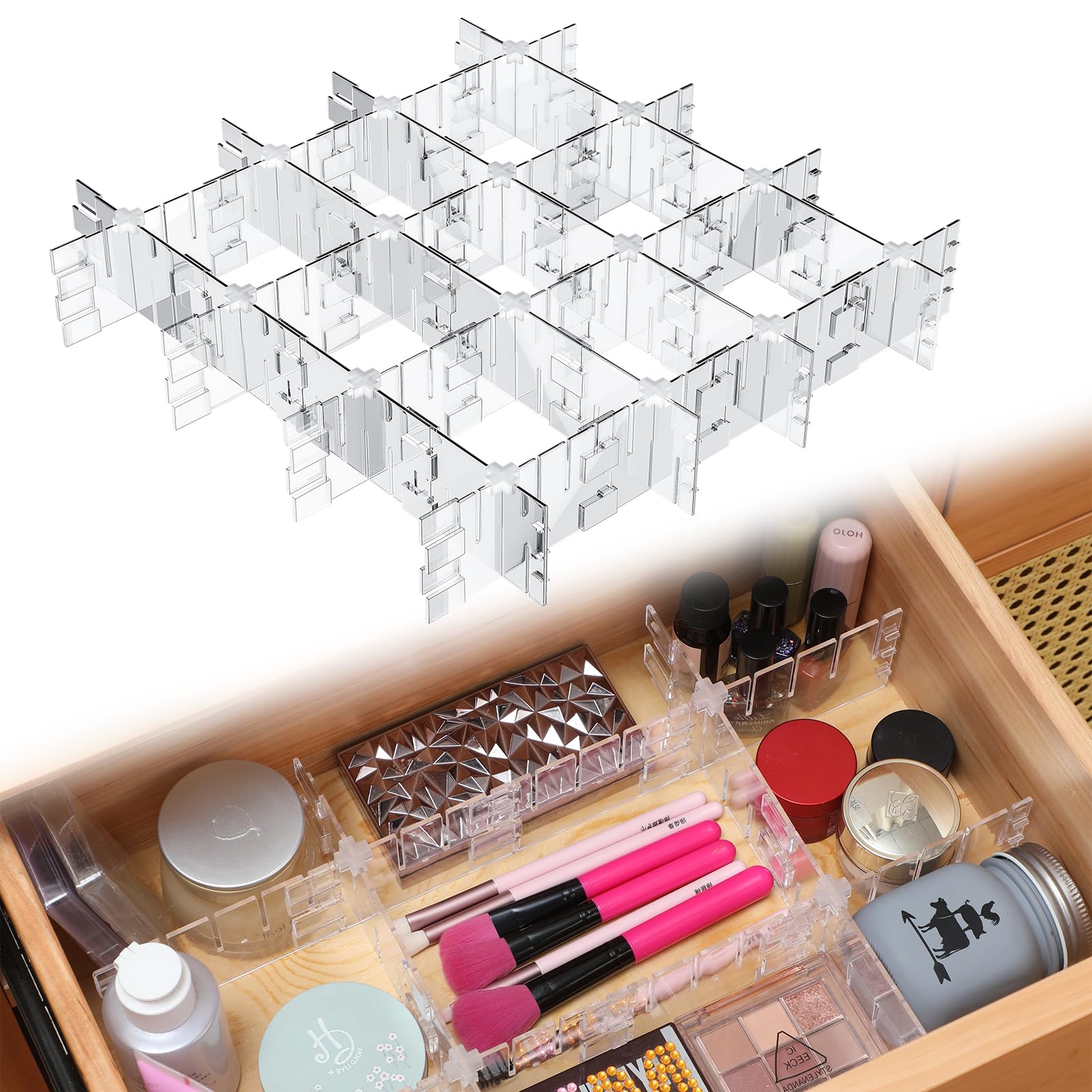 45 Pcs Adjustable Drawer Dividers with Fixed Buckle Clear Drawer Organizer Box Dividers for Socks Underwear Makeup Kitchen Bedroom Dresser Office Storage