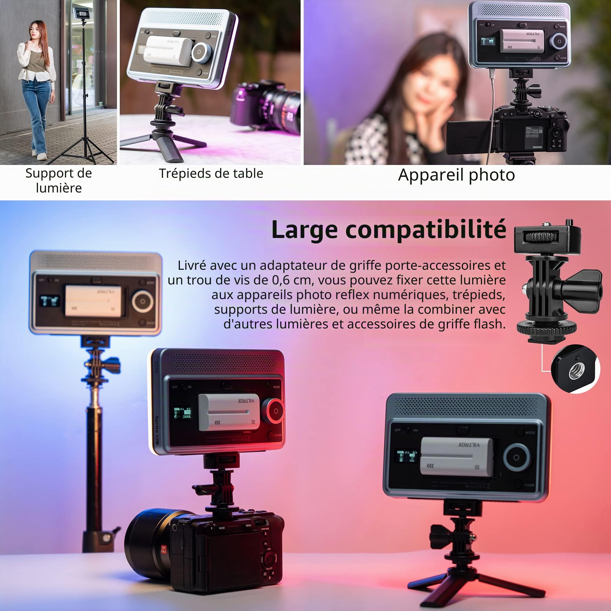 VILTROX 15C Lampe vidéo LED RVB avec contrôle APP Panneau Lumineux de caméra 0-360 Couleur CRI95 + 2800-6800K, 26 scènes Lumineuses avec Batterie NP-F550 pour caméscope DSLR Youtube Vlog