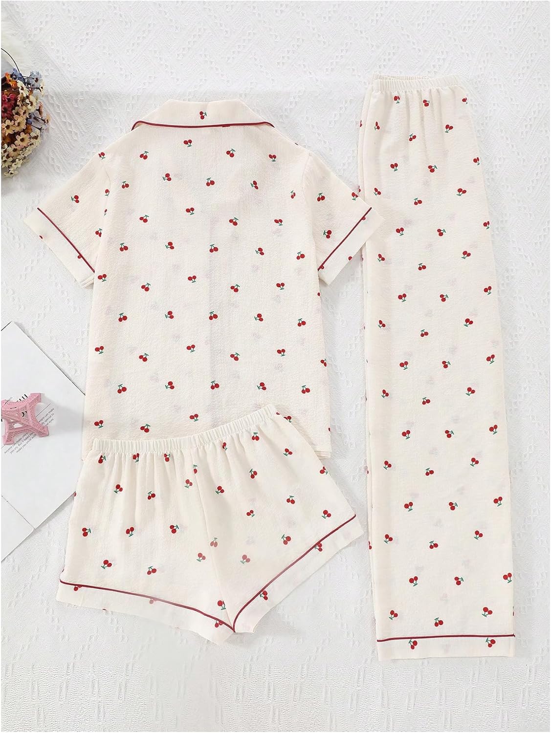 Women's 3 Piece Pajama Sets Cherry Graphic Short Sleeve Button Down Shirt and Shorts Pants Set Loungewear Pj Sets - Image 2
