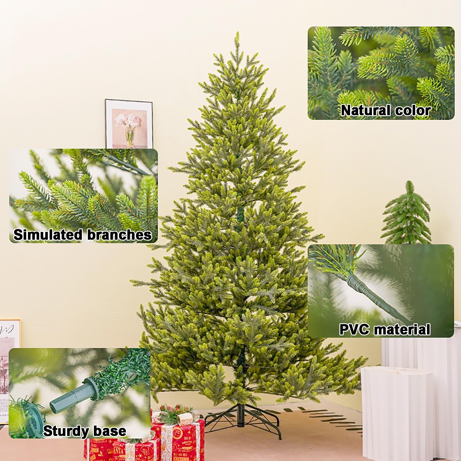 Árbol de Navidad Artificial de PVC Verde, Arboles de Navidad con Bisagras de Primera Calidad con Patas de Metal, para Decoración de Fiestas en el Hogar y la Oficina(180 cm/6 ft)