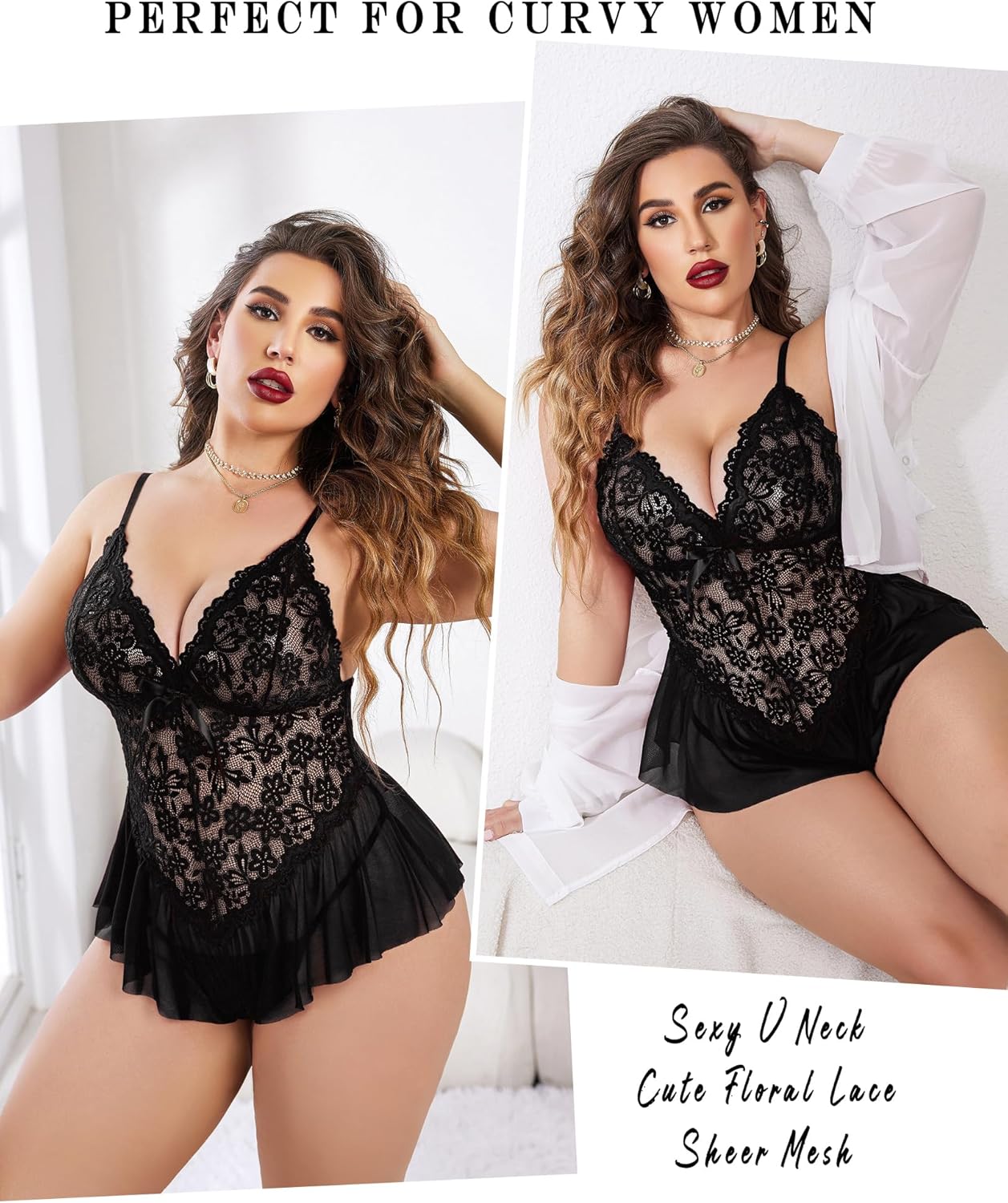 Avidlove Teddy Lingerie for Women Lace Bodysuit One Piece Babydoll Mesh Chemise V Neck Sleepwear - Image 5