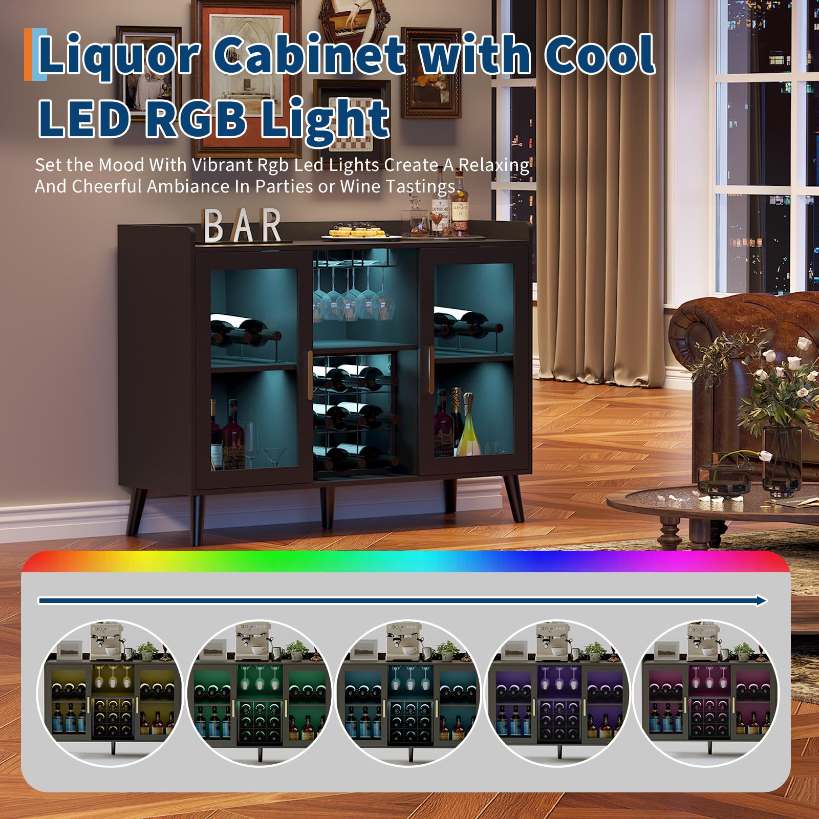 GarveeHome Modernes Freistehendes Weinbar Sideboard Mit LEDBeleuchtung Weinregal, Glashalter, Glastüren Viel Stauraum Für Wohnzimmer, Küche, Esszimmer Stabile Holzkonstruktion, Vielseitig