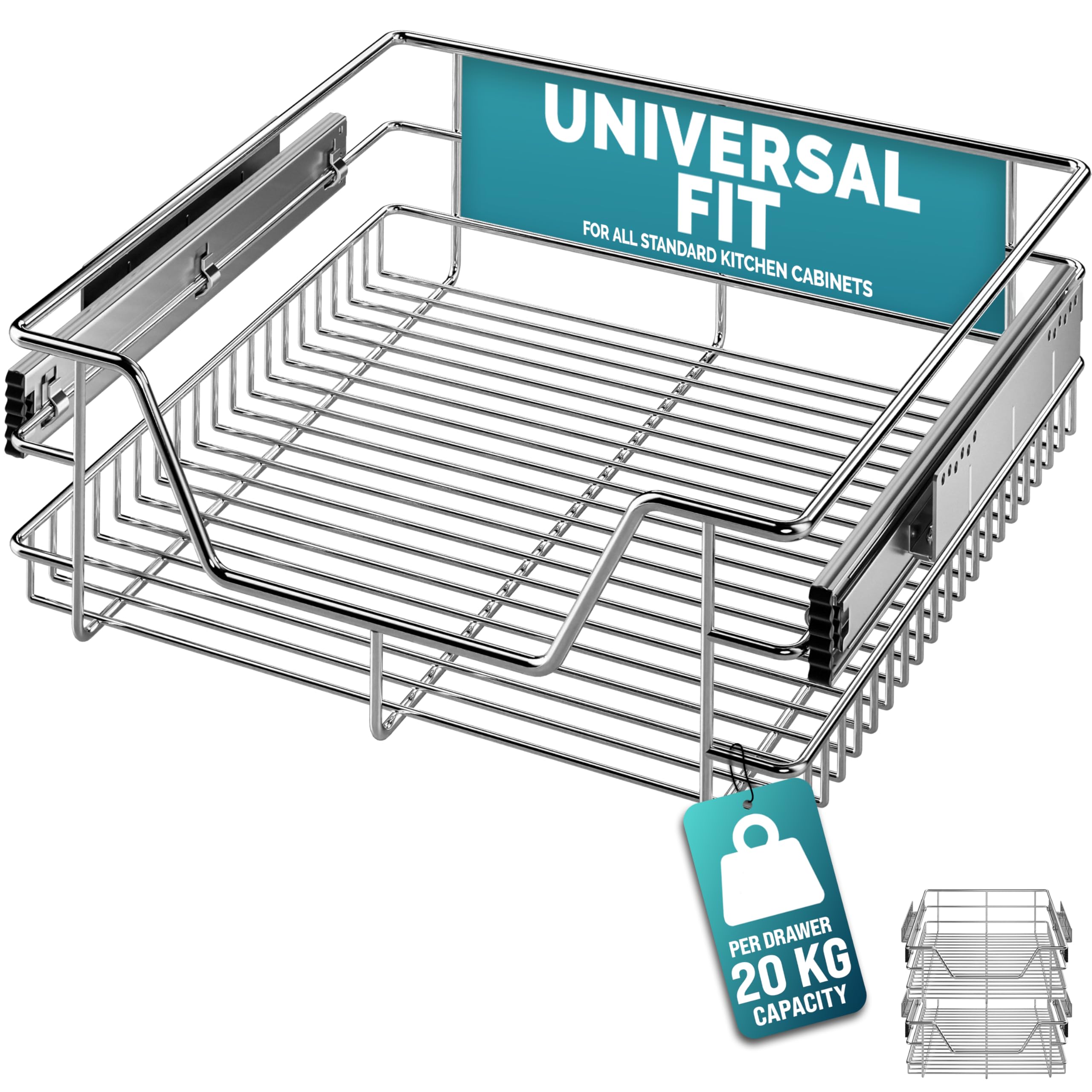 CASARIA® 2x Pull Out Telescopic Kitchen Drawer | For 50cm Units - 46cm Internal Cabinet Dimensions | Chrome-Plated | 20kg Load Capacity | Basket Shelf Organiser Storage Space Saving