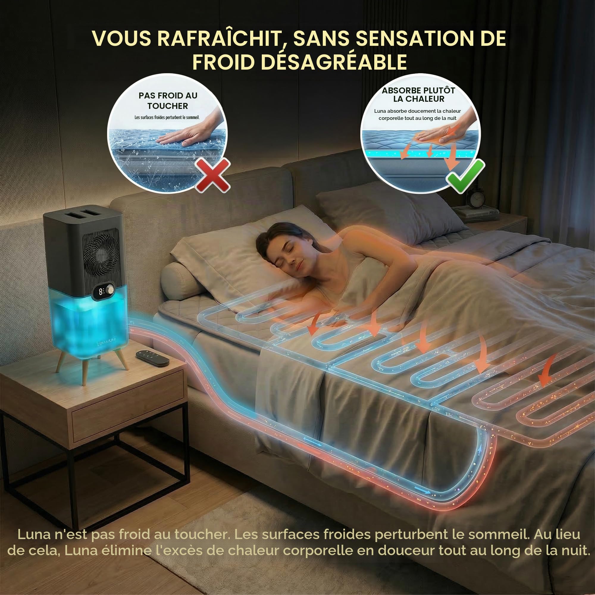 Refroidisseur Luna pour Matelas à Eau - Silencieux et Compact | Confort Réversible Double Face, Circulation Liquide Réfrigérée, Endormissement Profond, sans Abonnement ni Frais Cachés -Gris