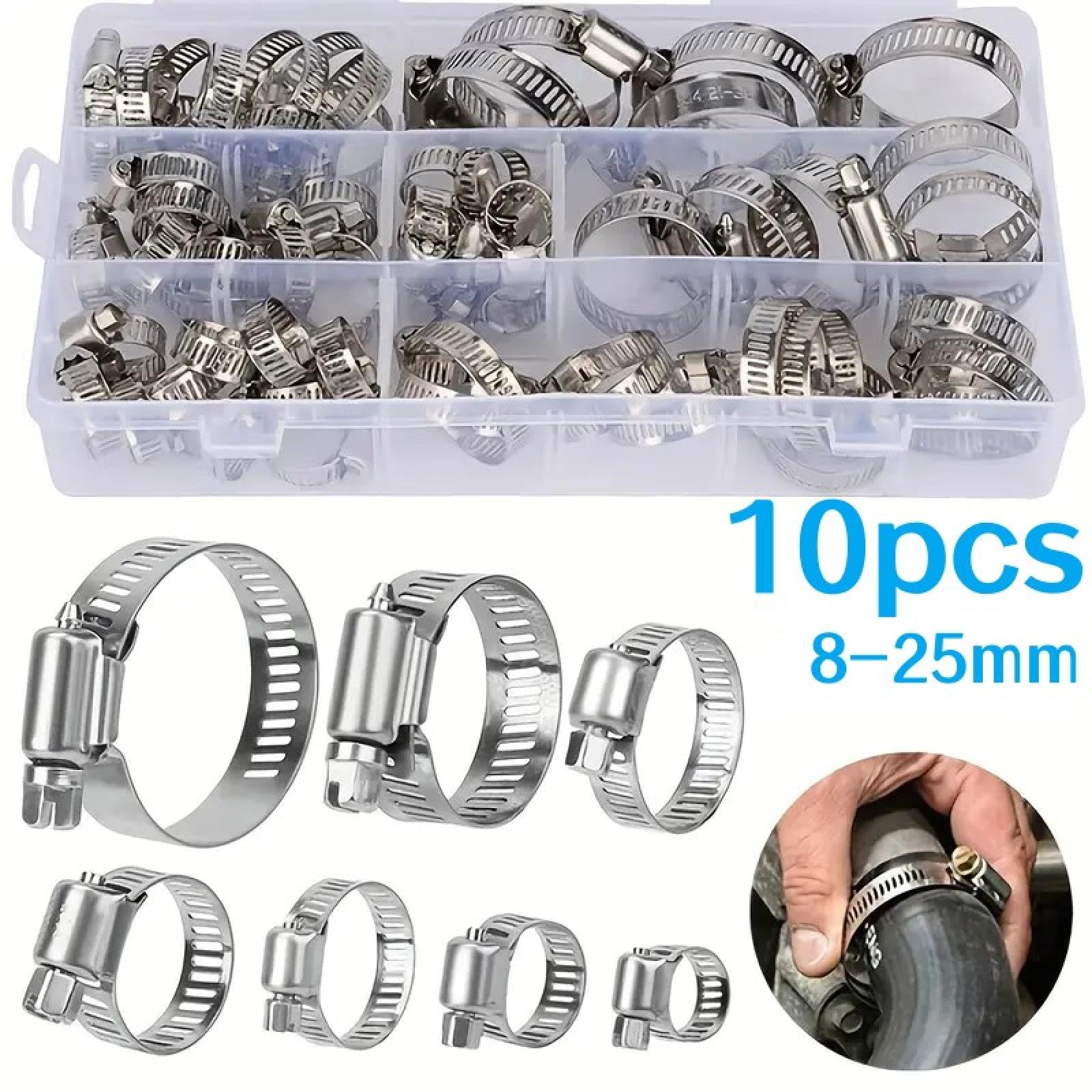 Juego de 10 abrazaderas de manguera de acero inoxidable ajustables de 8-25 mm para manguera de combustible, abrazadera de tornillo sin fin, herramienta fija para tuberías automotrices (10 unidades de
