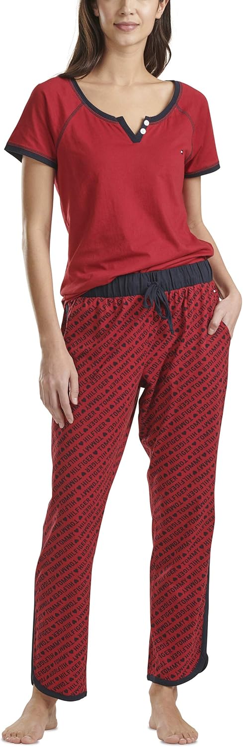 Tommy Hilfiger Women's Short Sleeve Tshirt and Logo Pant Lounge Bottom Pajama Set Pj