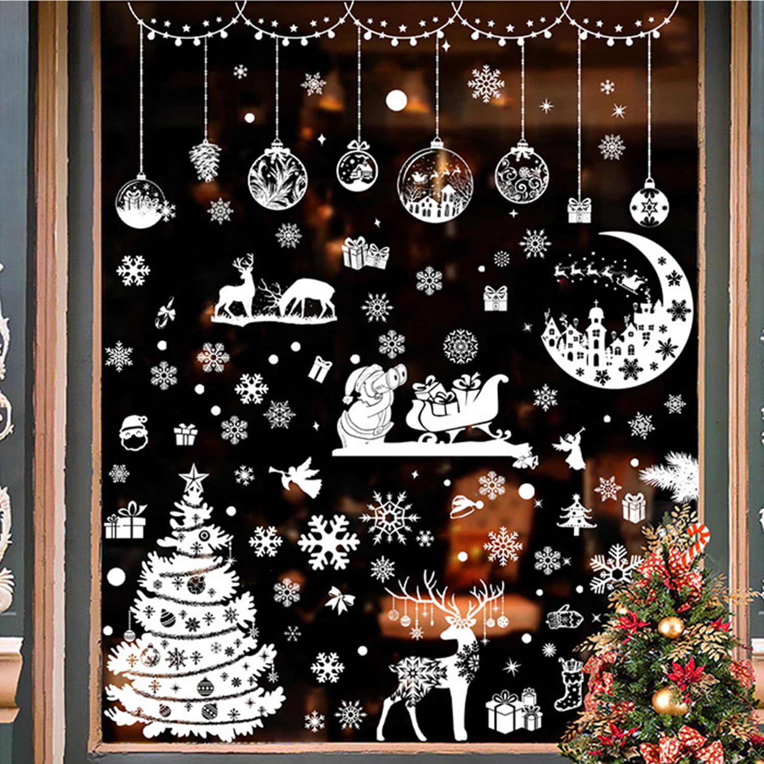 287pcs Christmas Snowflake Window Clings Stickers For Glass, Christmas Glass Stickers Window Moon Old Man Sleigh Xmas Decals Decoration Holiday Winter Christmas Stickers For Party (287Stickers)