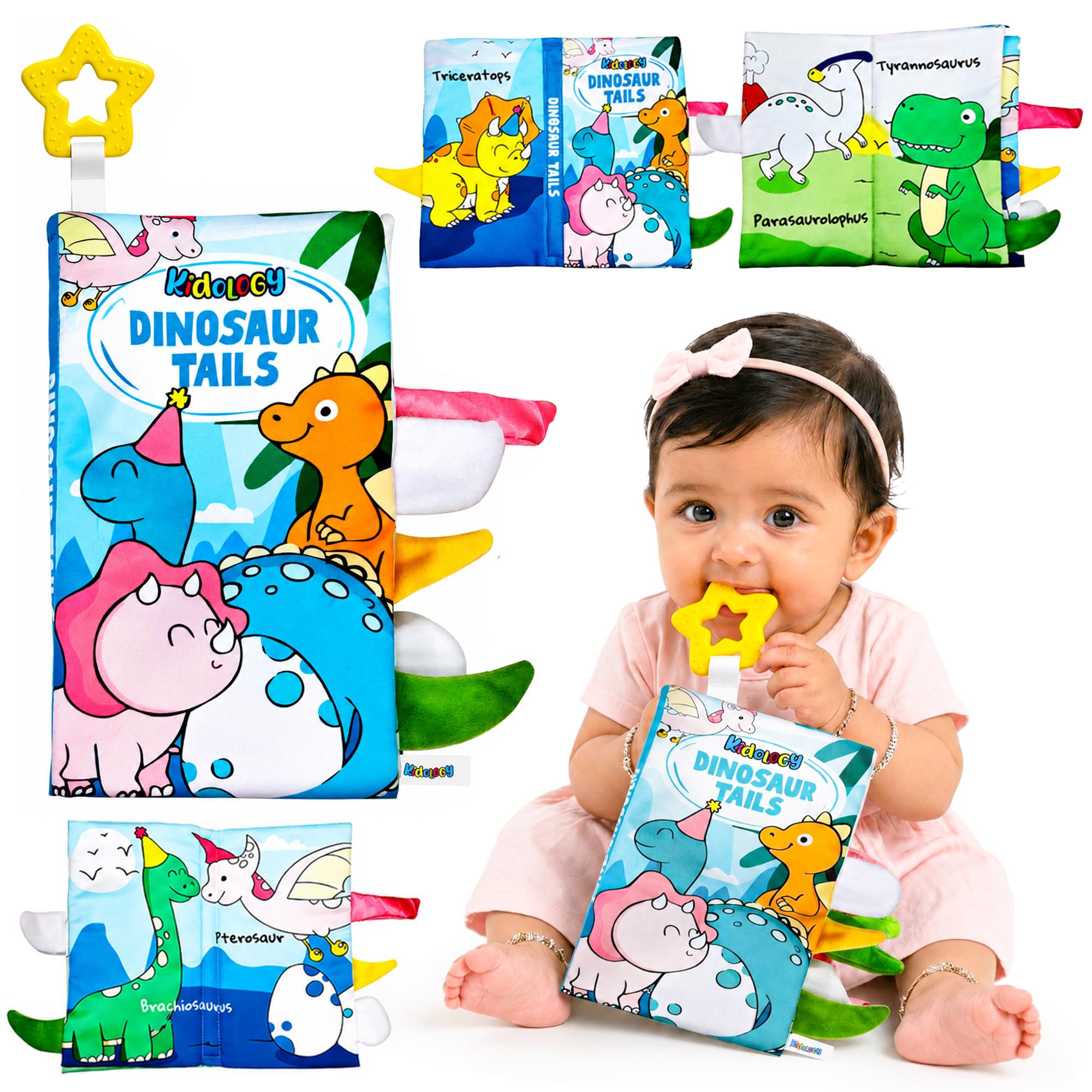 Kidology Dinosaur Tails Baby Cloth Book | Crinkle Soft Sensory Book for Babies 0-12 Months | Tummy Time Toy with 3D Dinosaur Tails | Early Learning Activity Book for Infant Boys & Girls (Multicolor)-image-31