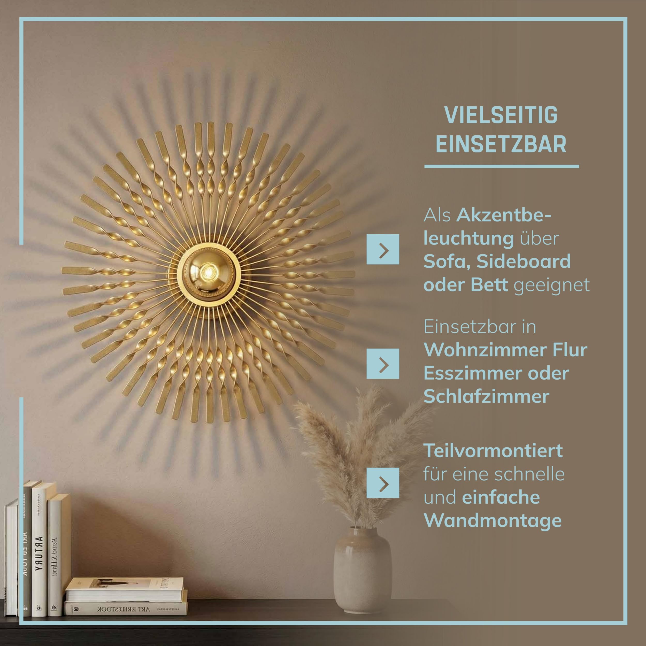 Lightbox Wandleuchte Ø 33 cm Gold - dekorative Wandlampe mit spektakulärem Lichteffekt - E27 Fassung, max. 52 W - exkl. LED