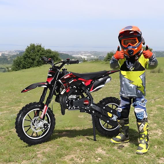 49CC 2-Stroke Mini Motorcycle For Kids, Gas Powered Off-Road Bike With 10-Inch Tires, 25 Mph Top Speed, 330LBS Load Capacity, Easy Pull Start & Disc Brakes Red