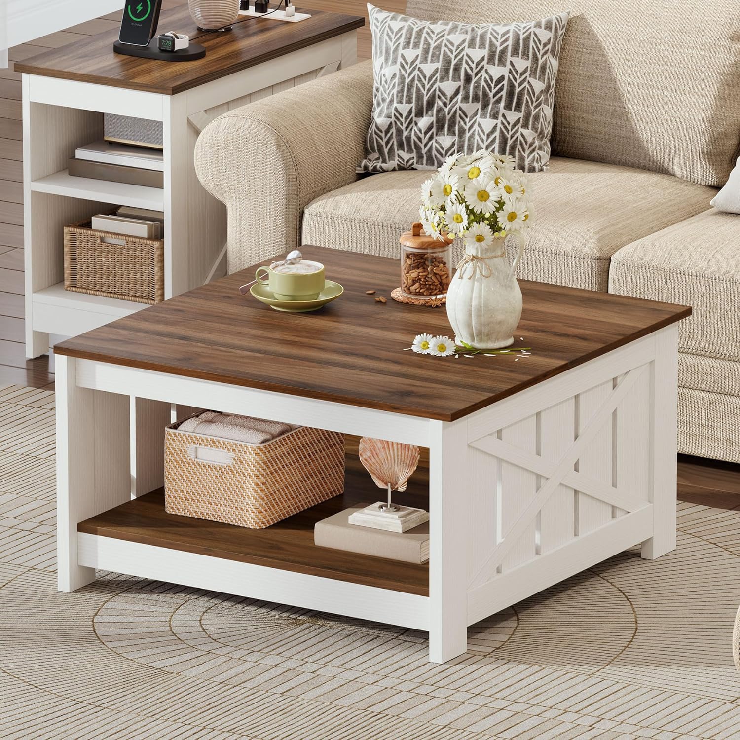 Amazon.com: DWVO Farmhouse Coffee Table, Square Coffee Table with