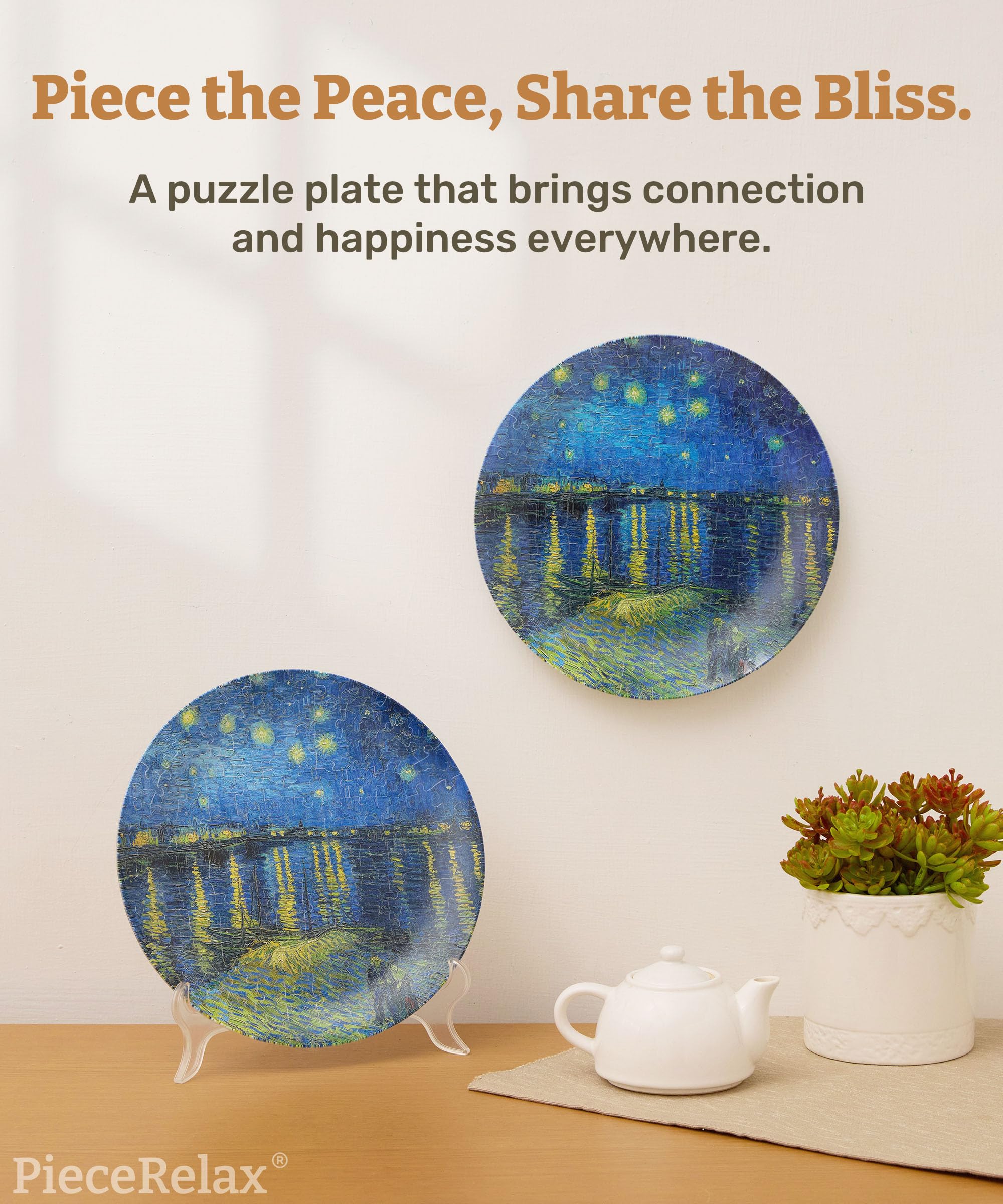 PieceRelax 3D Puzzle Plate for Adults 124 Pieces, Van Gogh, Starry Night Over The Rhone - Image 2