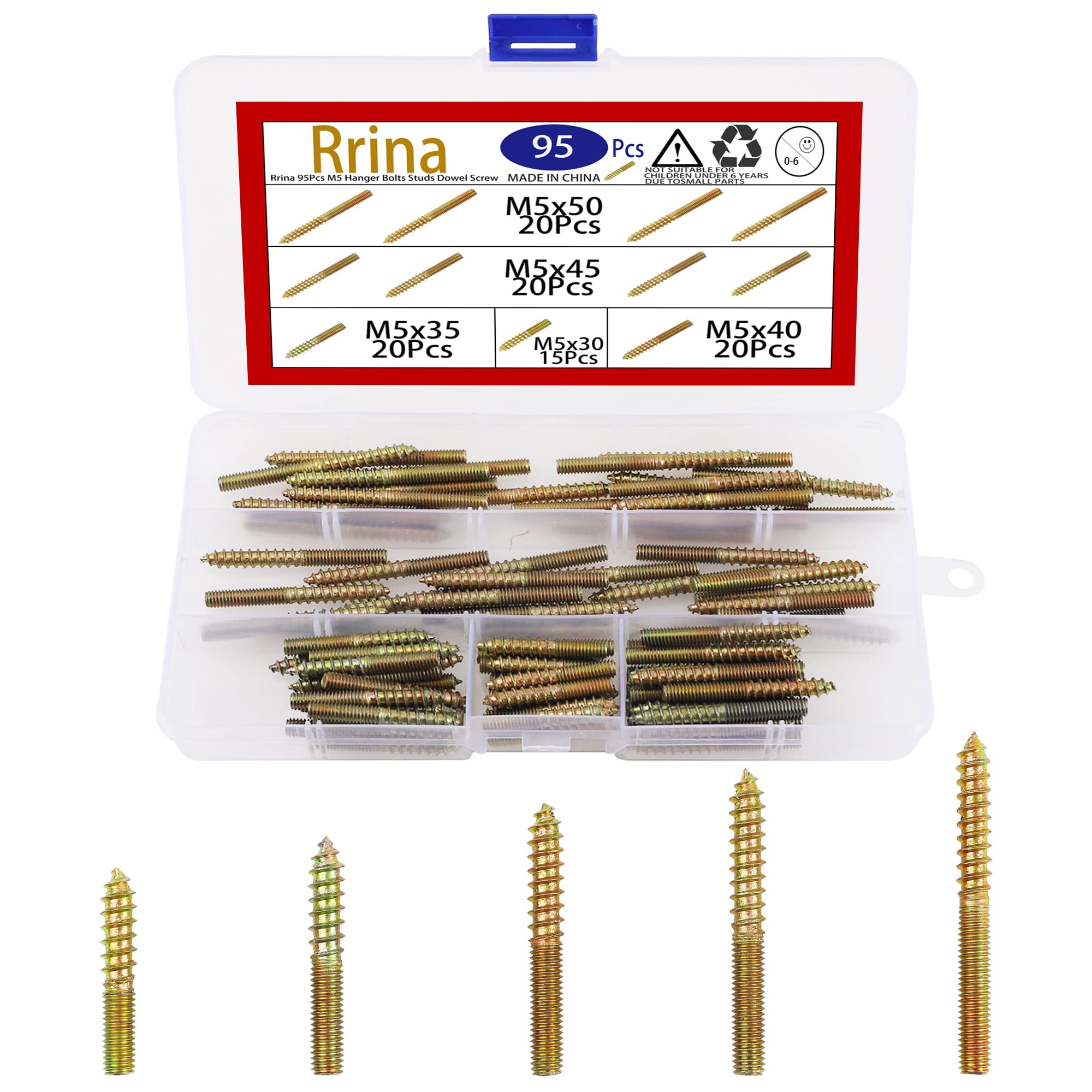 Rrina 95Pcs M5 Hanger Bolt Stud Dowel Screw Double Ended Self-Tapping Thread Assortment Set Wooden Joint for Furniture Legs