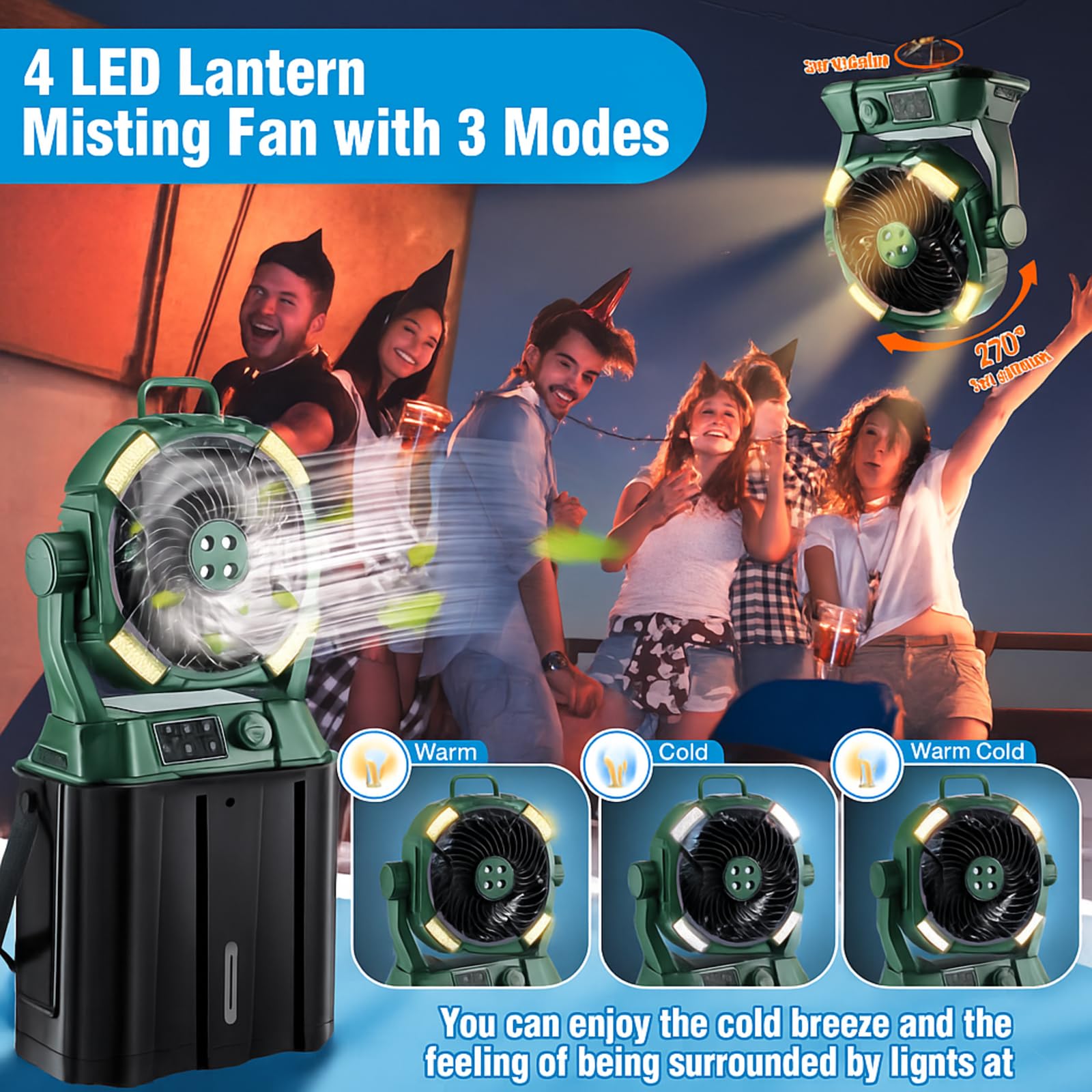 Tragbarer Nebelventilator, 4 LED-Lichter, stufenlose Geschwindigkeitsregelung und 4 Ausgänge, Kühlspray mit 6 l Eimer, Timer-Funktion, tragbarer Griff, 20.000 mAh, Campingventilator für