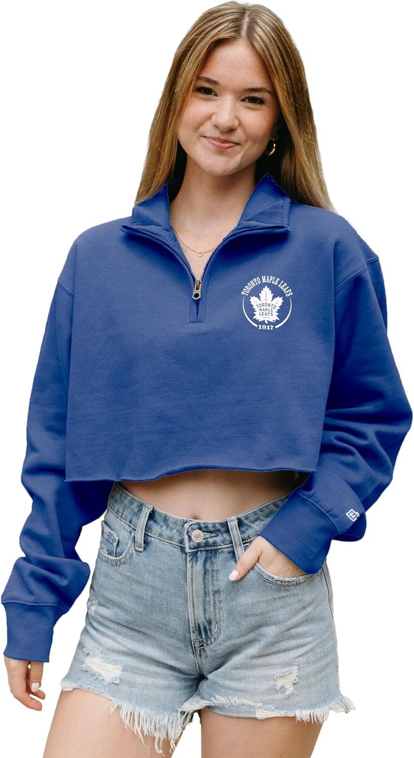 Blue 84 NHL womens Nhl Officially Licensed Women's Cropped Quarter Zip Sweatshirt Left Chest