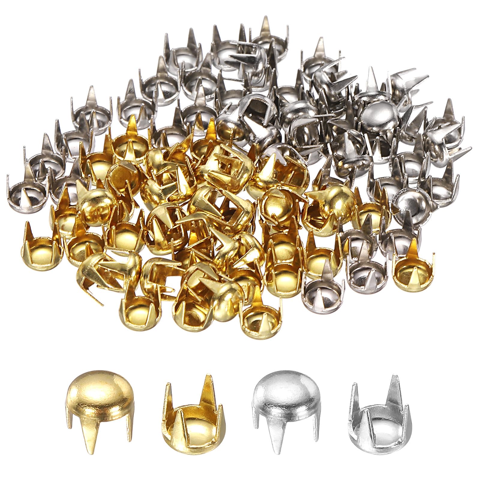 sourcing map 80pcs Round Dome Rivets 4mm Copper 4 Claw Rivet Metal Spike Studs Spots Punk Rock for Leather Craft Clothes Belt Bag Shoes Bracelet Accessories, Silver/Gold