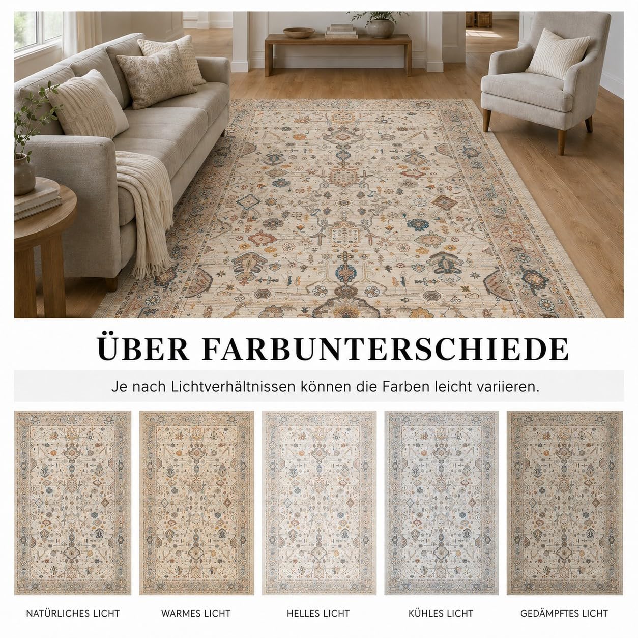 AIDA HOME Panare Teppich Beige Waschbar rutschfest Chenille Vintage Teppich 200 x 300 cm