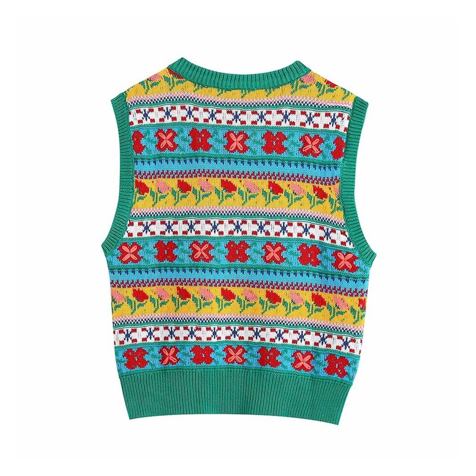 トップス VINTAGE LIKE JACQUARD OVER VEST Women Floral Knit Jacquard Vest Sweater Vintage V Neck Sleeveless
