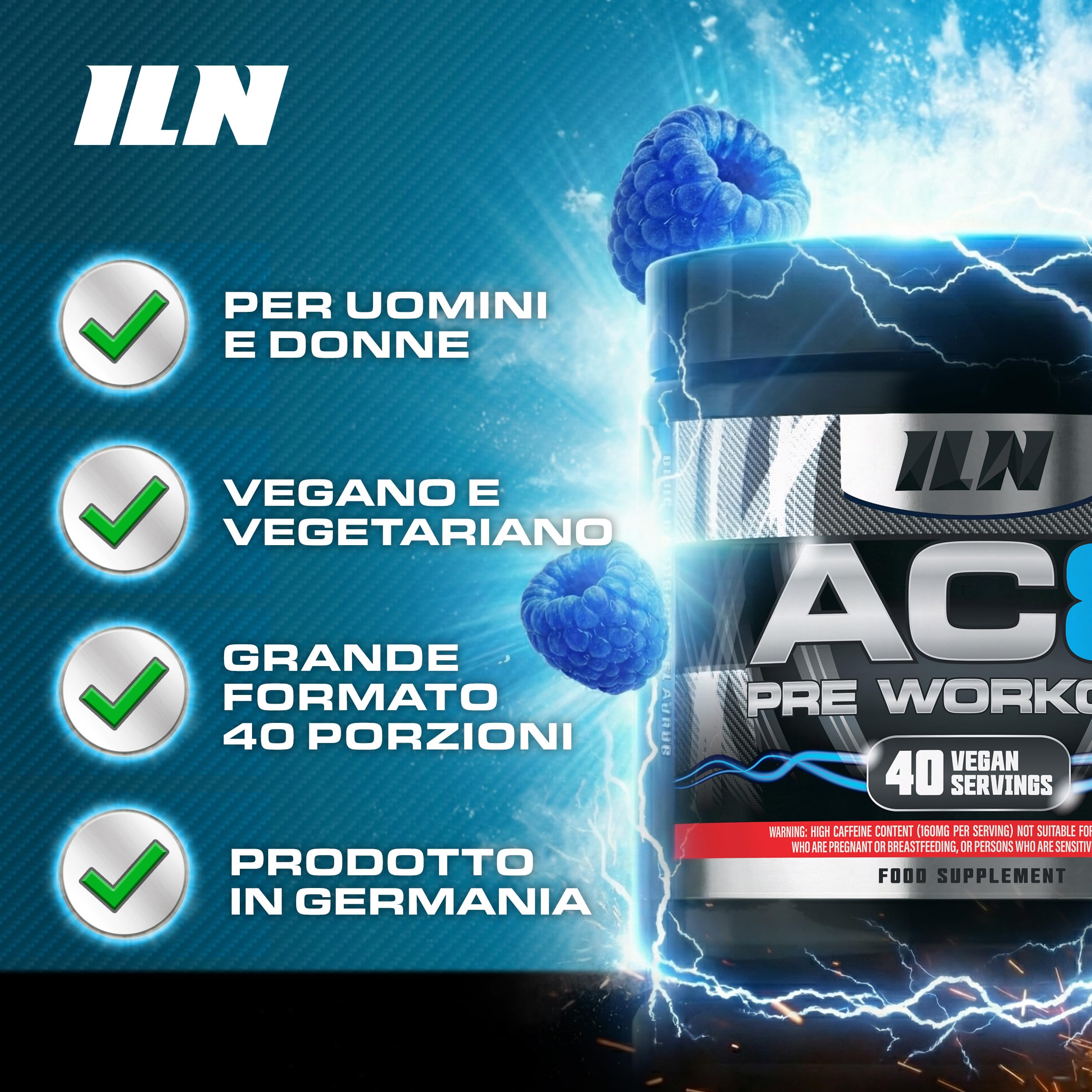 AC8 Pre Workout Blue Raspberry 360 g - preworkout potente con creatina, caffeina e vitamina B12 - fino a 6.660 mg per porzione - per uomini e donne
