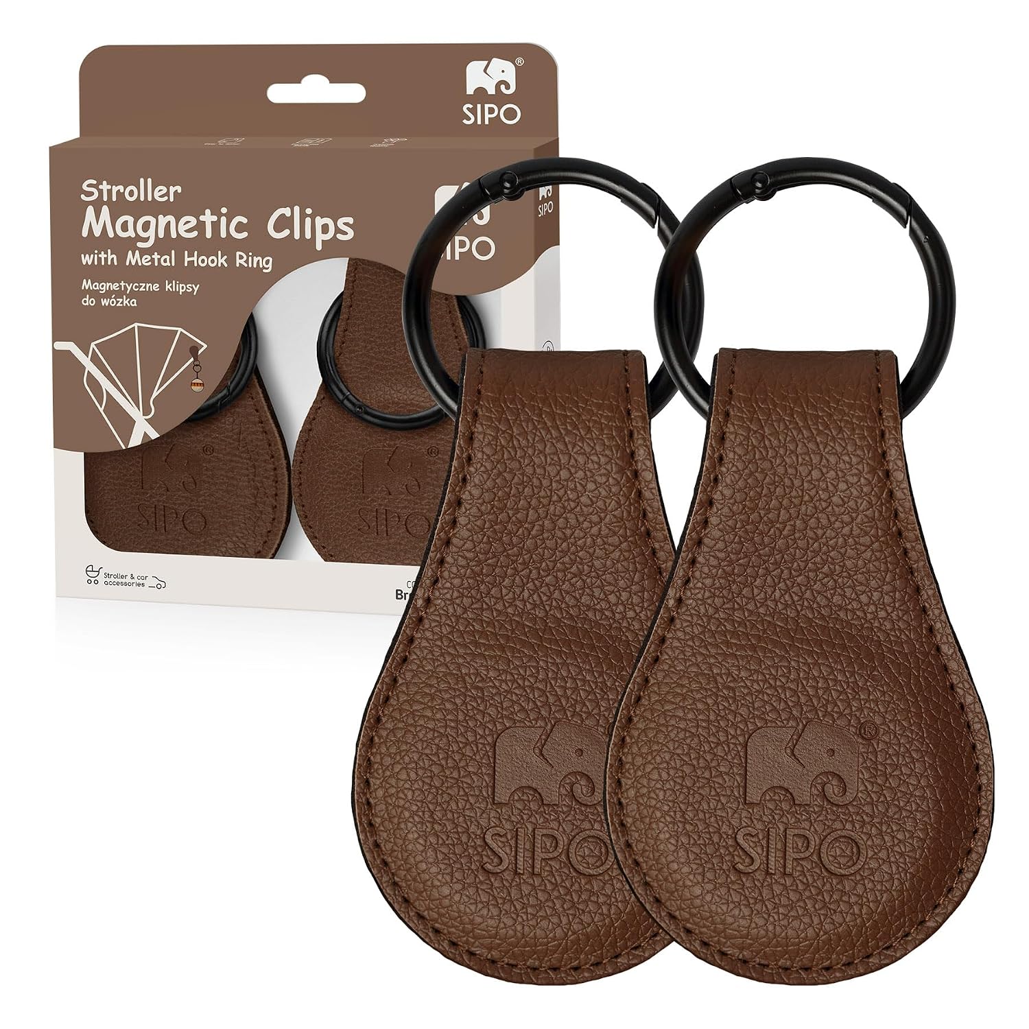 SIPO Magnetic Clips Set of 2 Brown - Universal Pram & Baby Seat Pendant | Eco Leather Metal Ring Max Load 1kg