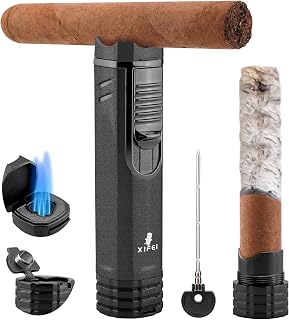 XIFEI Cigar Lighter 3-Angled Jet Flames, Cigar Puncher, Cigar Draw Enhancer, Cigar Stand, 4-in-1Refillable Butane Torch Lighter (Sand black)