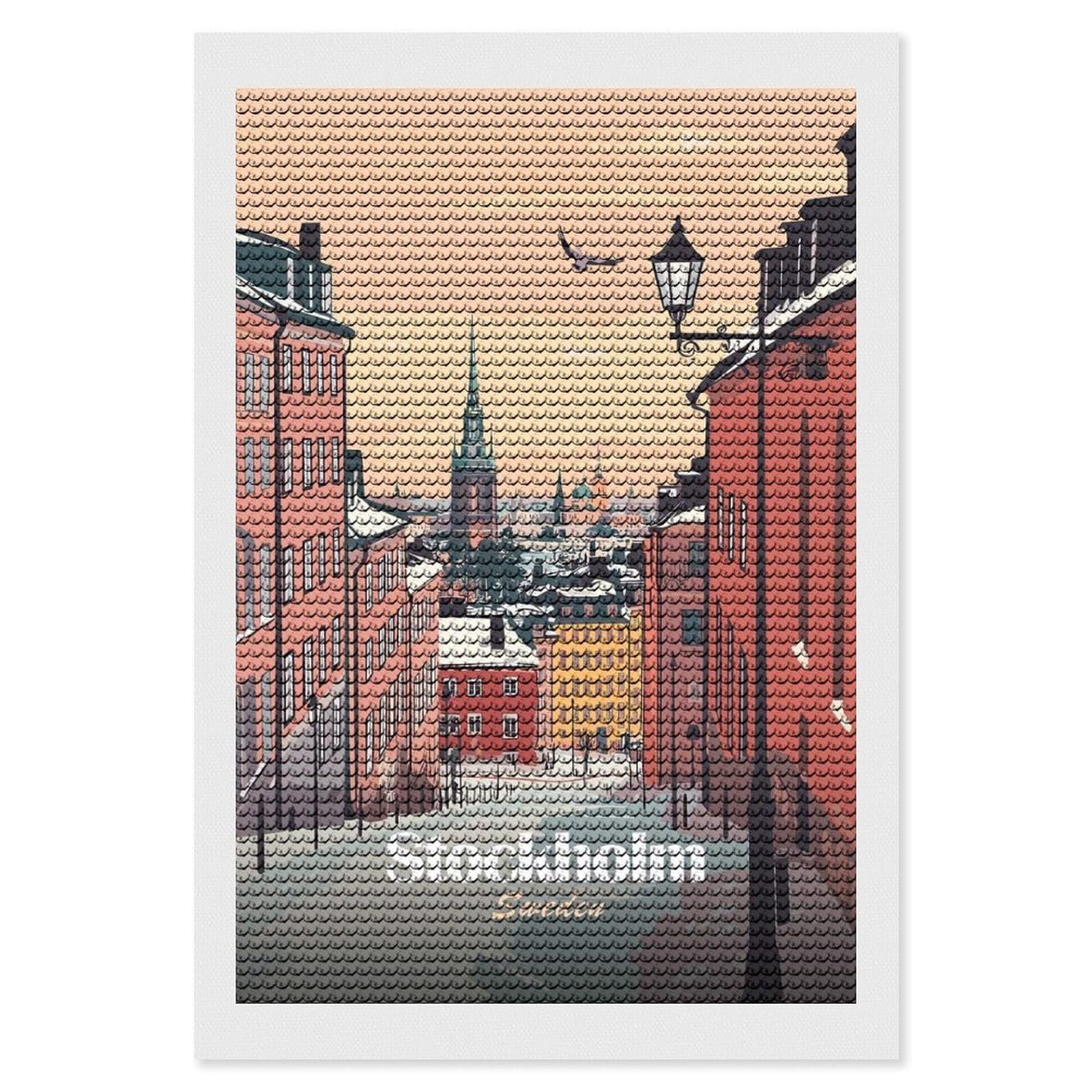 Junmoney Stockholm, Sweden Cityscape Illustration Crystal Diamond Art Kit 8"x12", Modern Decor, Boho Decor, Wall Art Gift, Decorative Artwork, Creative Hobby