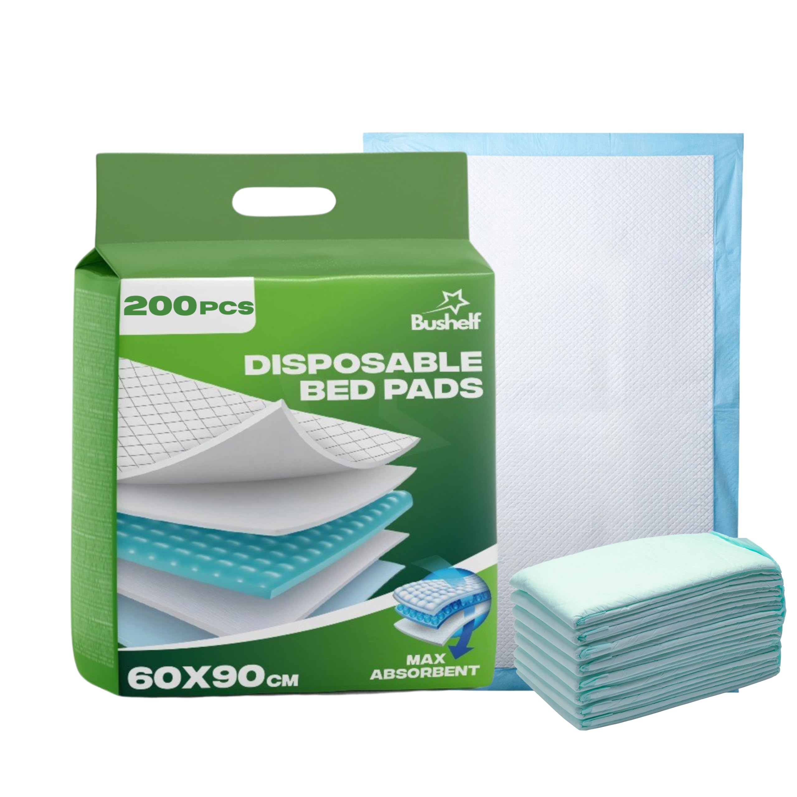 200xBushelf Disposable Incontinence Bed Pads 60 x 90cm | Highly-Absorbent Incontinence Bed Sheets | Waterproof Incontinence Sheets for Sofa, Mattress, Chair & for Babies, Children, Adults, & Elderly.