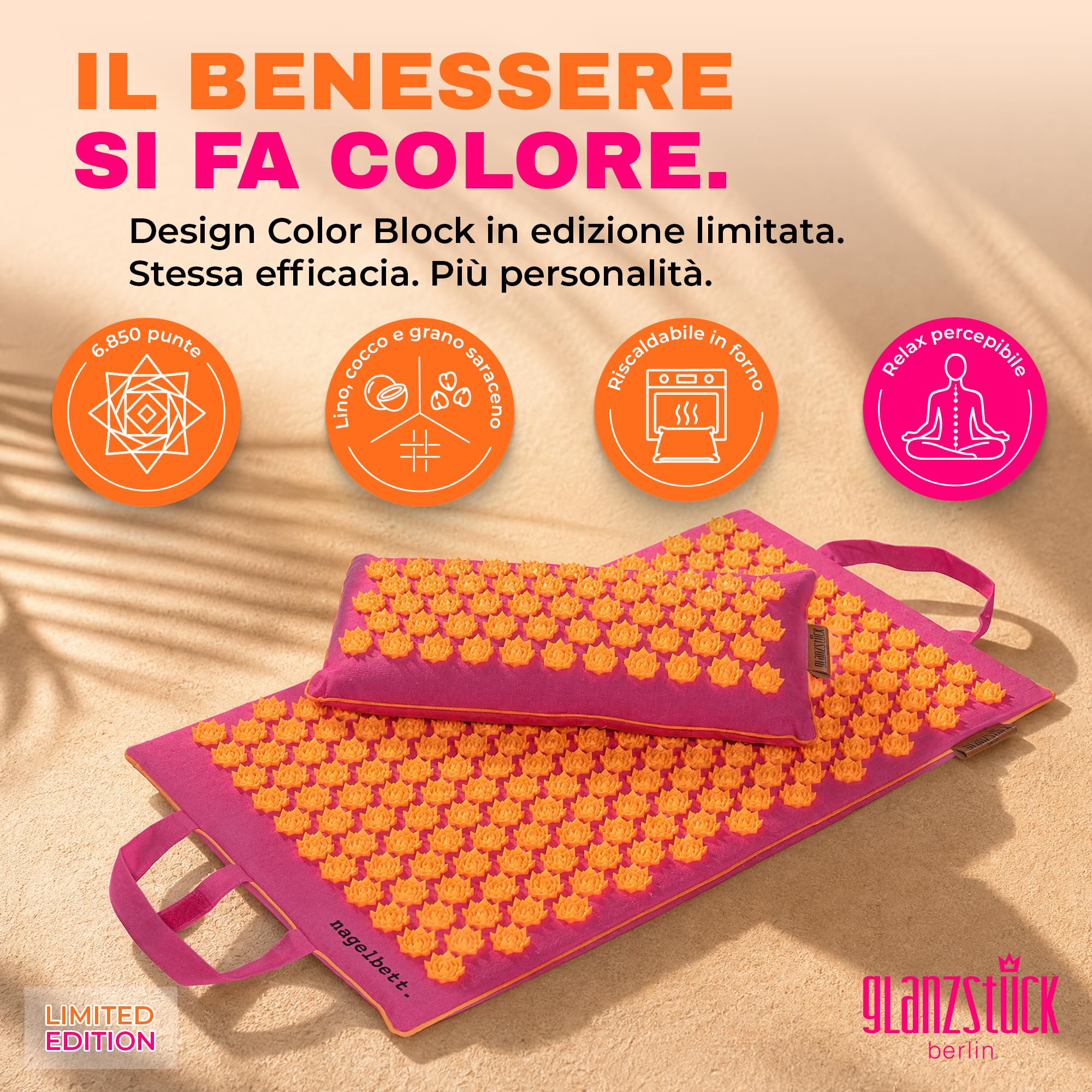 Glanzstück Berlin® Health Collection: Set di tappetini per agopressione XL Original Color in lino, aiuto in caso di tensioni, mal di schiena, tappetino massaggiante con cuscino (funzione termica) e