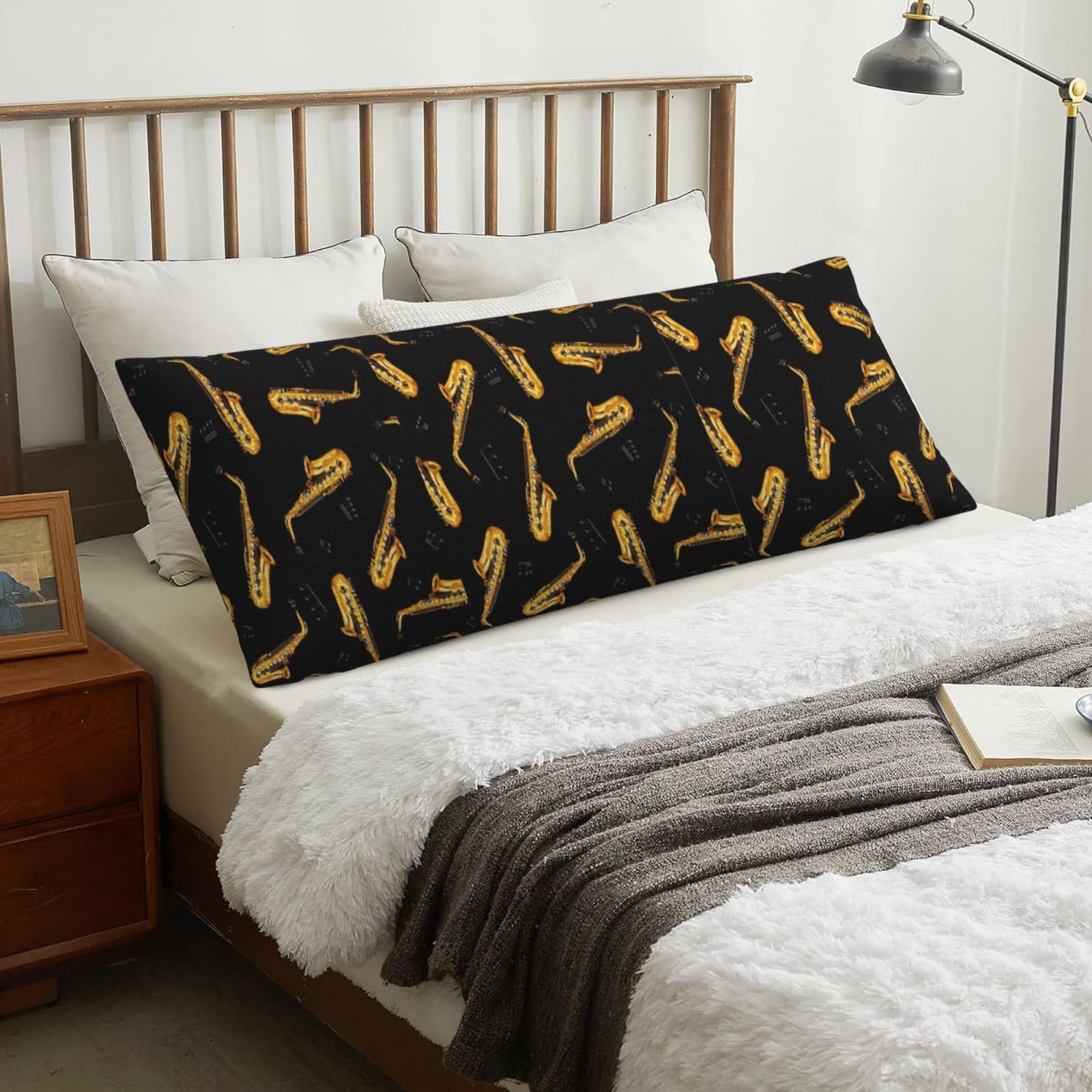 Saxophone And Music, Body Pillow Cover with Zipper,Long Body Pillowcase 20 x 60 in