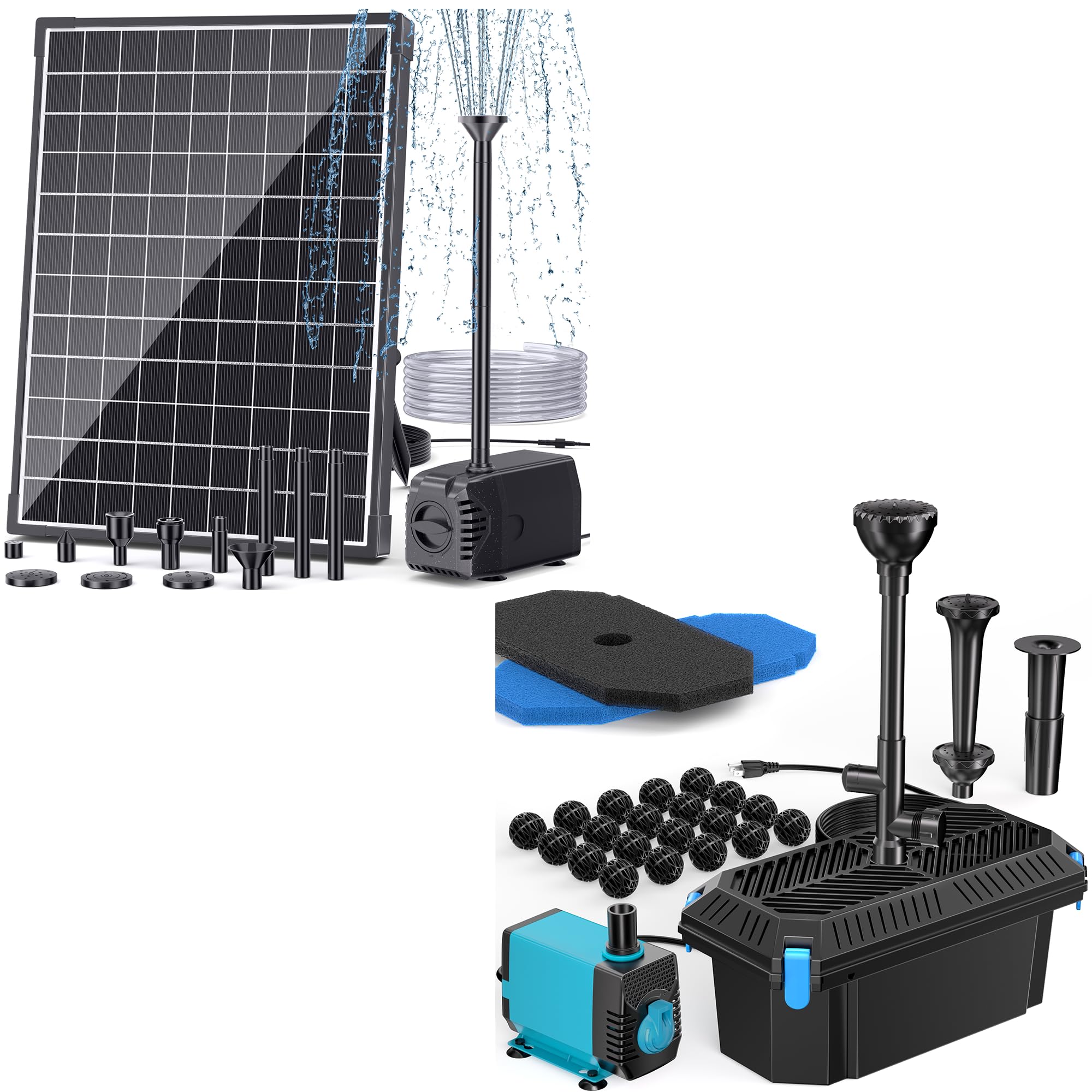 Antfraer Solar Water Pump with Pond Filter with Pump Kits, 25W Solar Fountain Pump 410GPH Flow Adjustable with 16.5FT Cord,Solar Pond Pump with 6.6FT PVC Tubing for Fi
