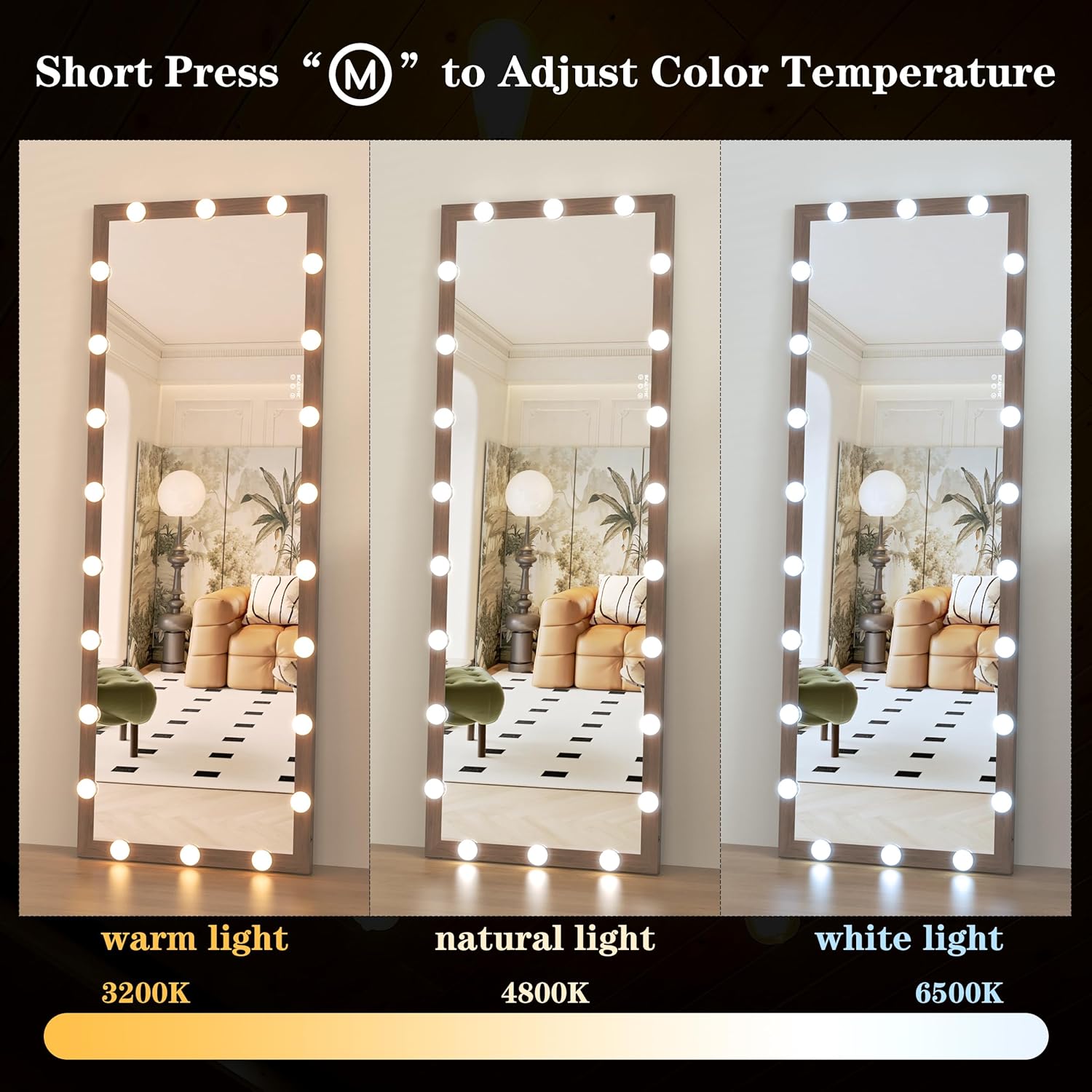 ANYHI Mirror Full Length with Lights, 62.6'' x 23.3'' Lighted Full Body Dressing Mirror with 22 Dimmable Bulbs, 3 Color Lighting, Wood Grain Teak Aluminum Frame, Wall Mounted/Against The Wall 62.6L x 23.3W inches Wood Grain-teak