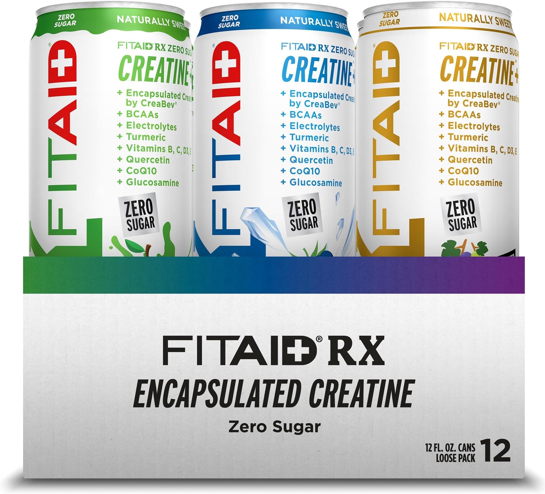 FITAID RX Zero Sugar, Encapsulated Creatine, Workout Recovery Drink, All-In-One Blend, BCAAs, Glucosamine, Turmeric, B-Complex, Electrolytes, Variety Pack, 12 Fl Oz (Pack of 12)