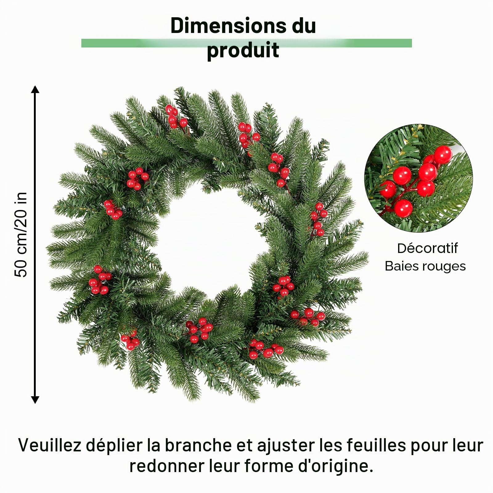 Uten Couronne de Noël, Diamètre 50CM Guirlande de Noël Artificielle, Décoration de Couronne pour Noël pour Porte D'entrée,Cheminée et Décoration Mural