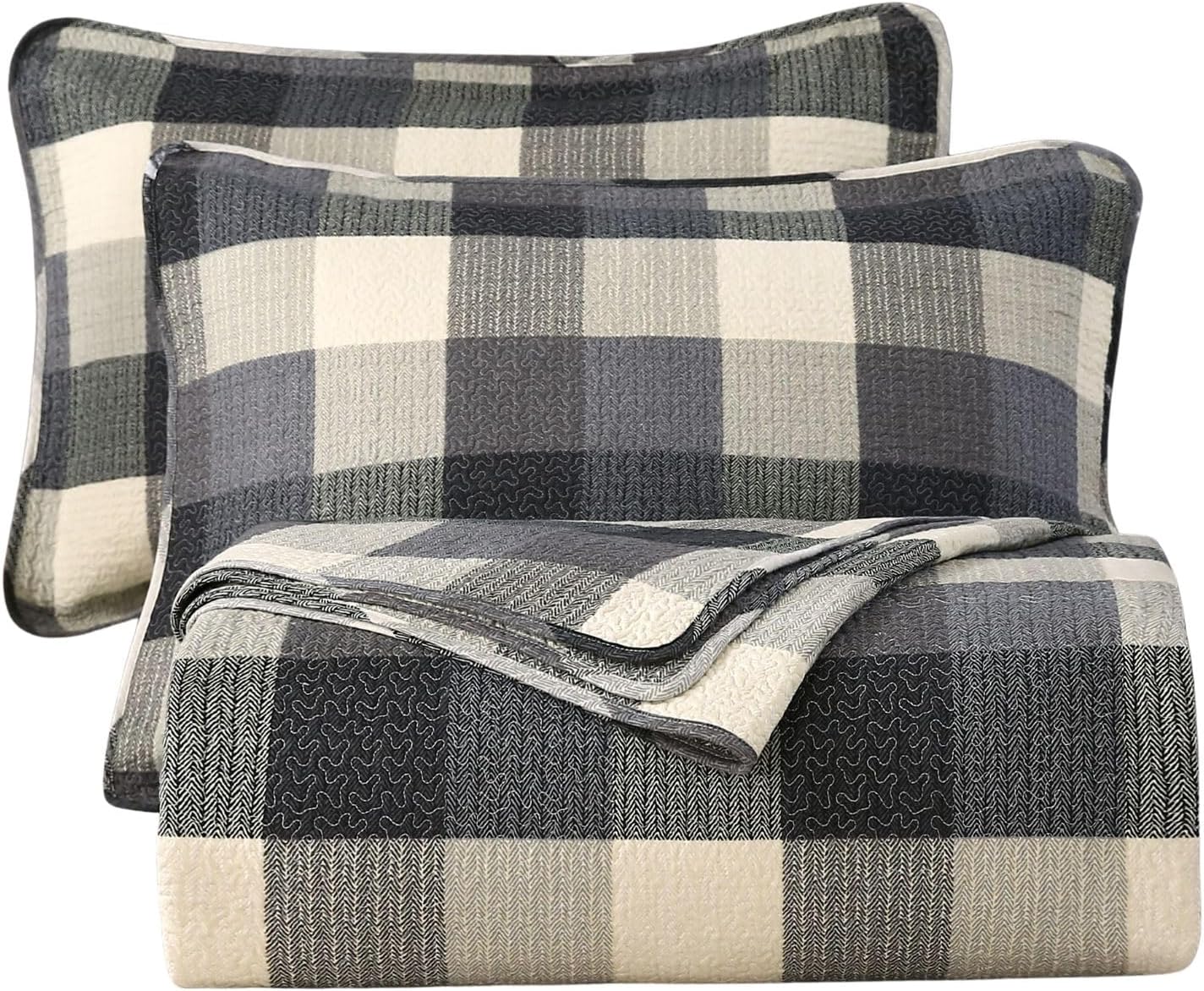 vctops Cotton Quilted Patchwork Quilt Set Queen Size Farmhouse Blue Plaid Bedspreads Coverlet 3 Pieces Summer Lightweight 1 Quilt and 2 Pillow Shams for All Season (Plaid C,Queen) - Image 2