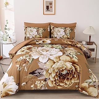 Dintszyayue Floral Comforter Set Queen Size,7 Pieces Brown Flower Pattern Bed in a Bad,Lightweight Bedding Set Microfiber Comforter for All Season with Flat Sheet, Fitted Sheets, Pillowcases & Shams - Buy now