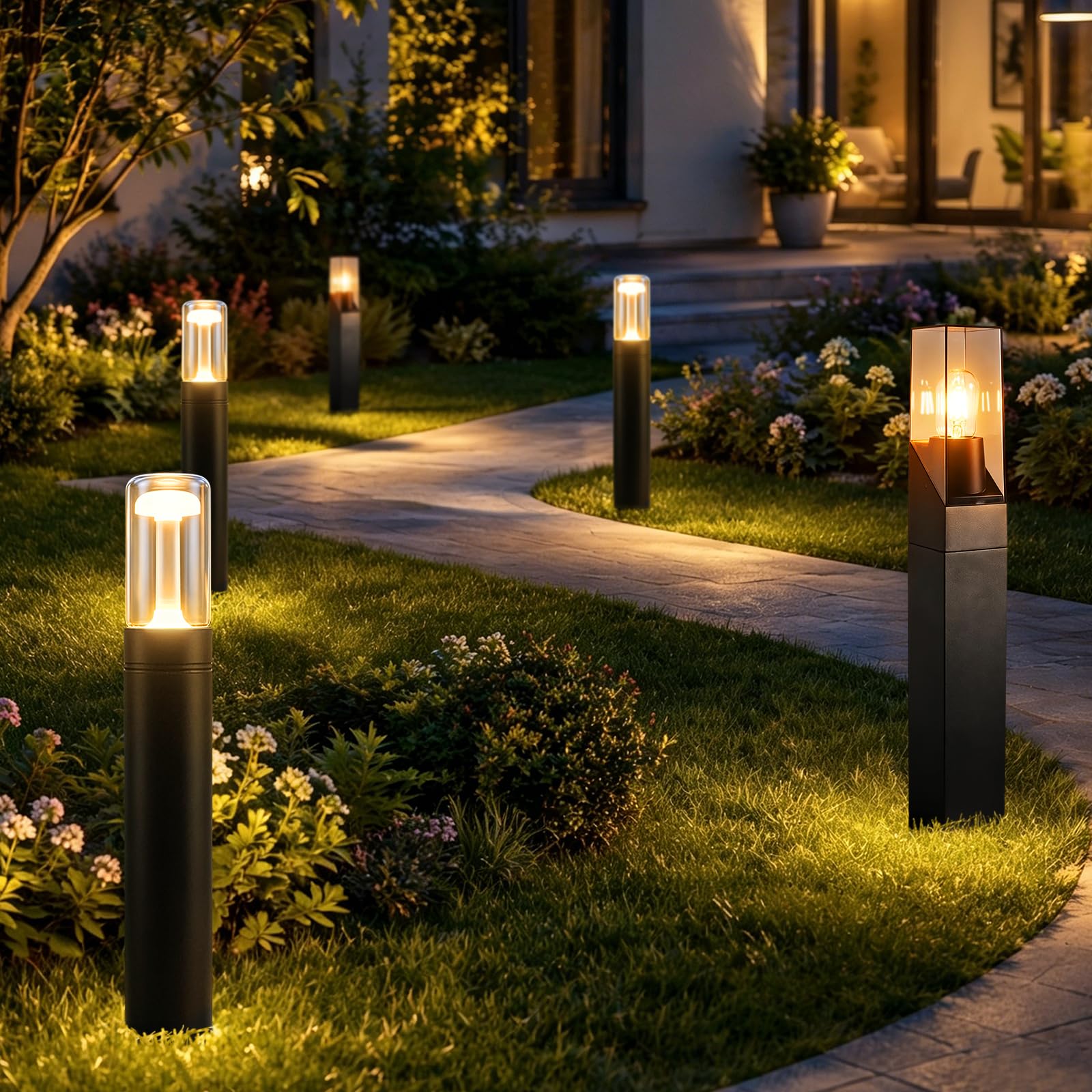 Glitzerlife LED Wegeleuchte Außen Gartenleuchte 4ER Pollerleuchte 40cm | IP65 Wetterfest Glas Wegelampe Schwarz 10W 3000K Wegbeleuchtung Außenleuchte für Garten Rasen Hof Weg Terrasse Balkon Deko
