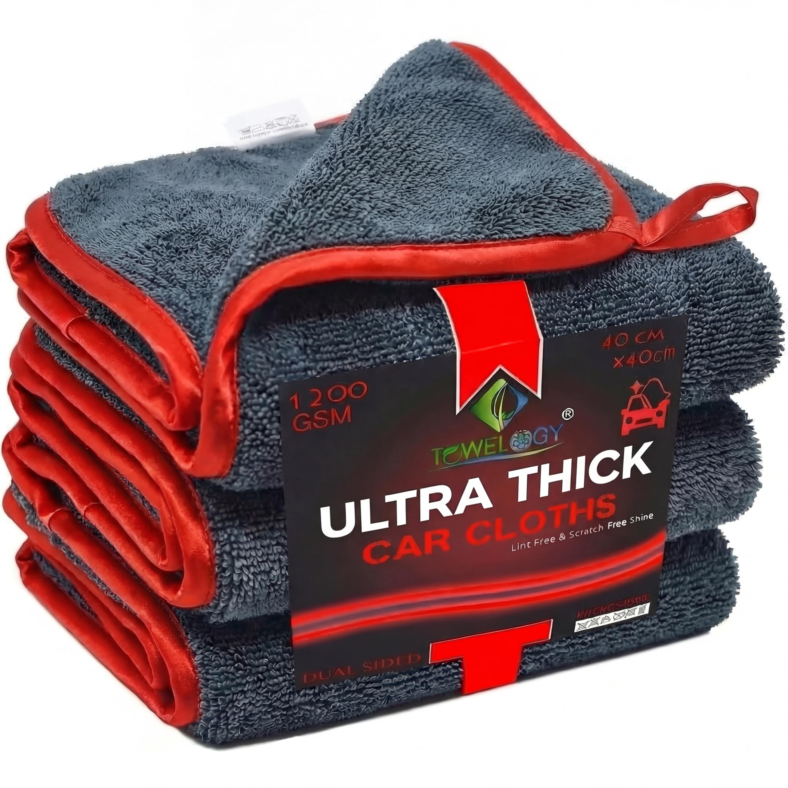 Towelogy Red Large Car Towels 3Pack Microfibre Premium 1200Gsm Twisted Loop 4X More Absorbent Than Average Microfibre Cloths 40X40cm Drying Detailing Towel For Cars