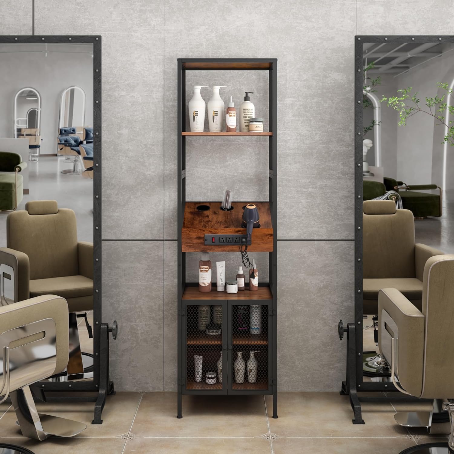 Industrial Salon Station for Hair Stylist, Beauty Spa Shelf and Storage Cabinet with Dryer Hole, 7 Tool Holders, Power Outlets, Styling Equipment for Barber Bathroom, 70.8" H, Rustic Brown