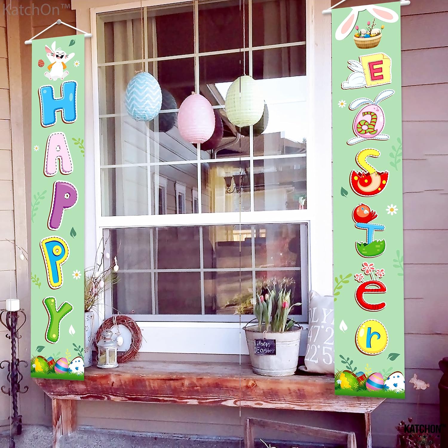 KatchOn, Large Welcome Happy Easter Banner - 2 Pieces, 72x12Inch | Happy Easter Porch Sign | Easter Banners for Front Door | Easter Door Banner, Easter Door Decorations | Easter Porch Decorations
