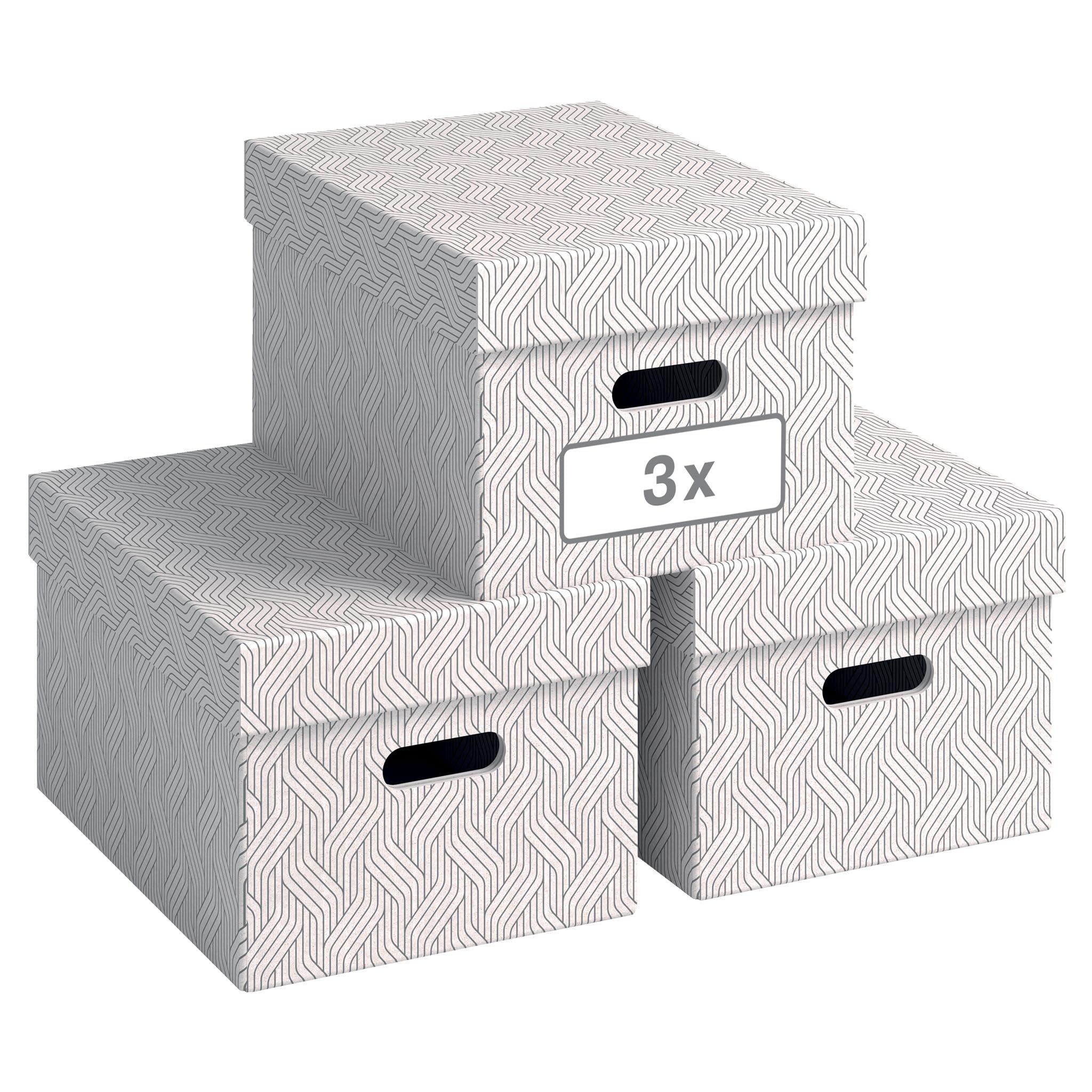 VON Leitz 61410001 Set of 3 Storage Boxes with Lids, 15 L, Medium, 100% Recycled Cardboard, Geometric Design, for School, Study & Household, White, Pack of 3