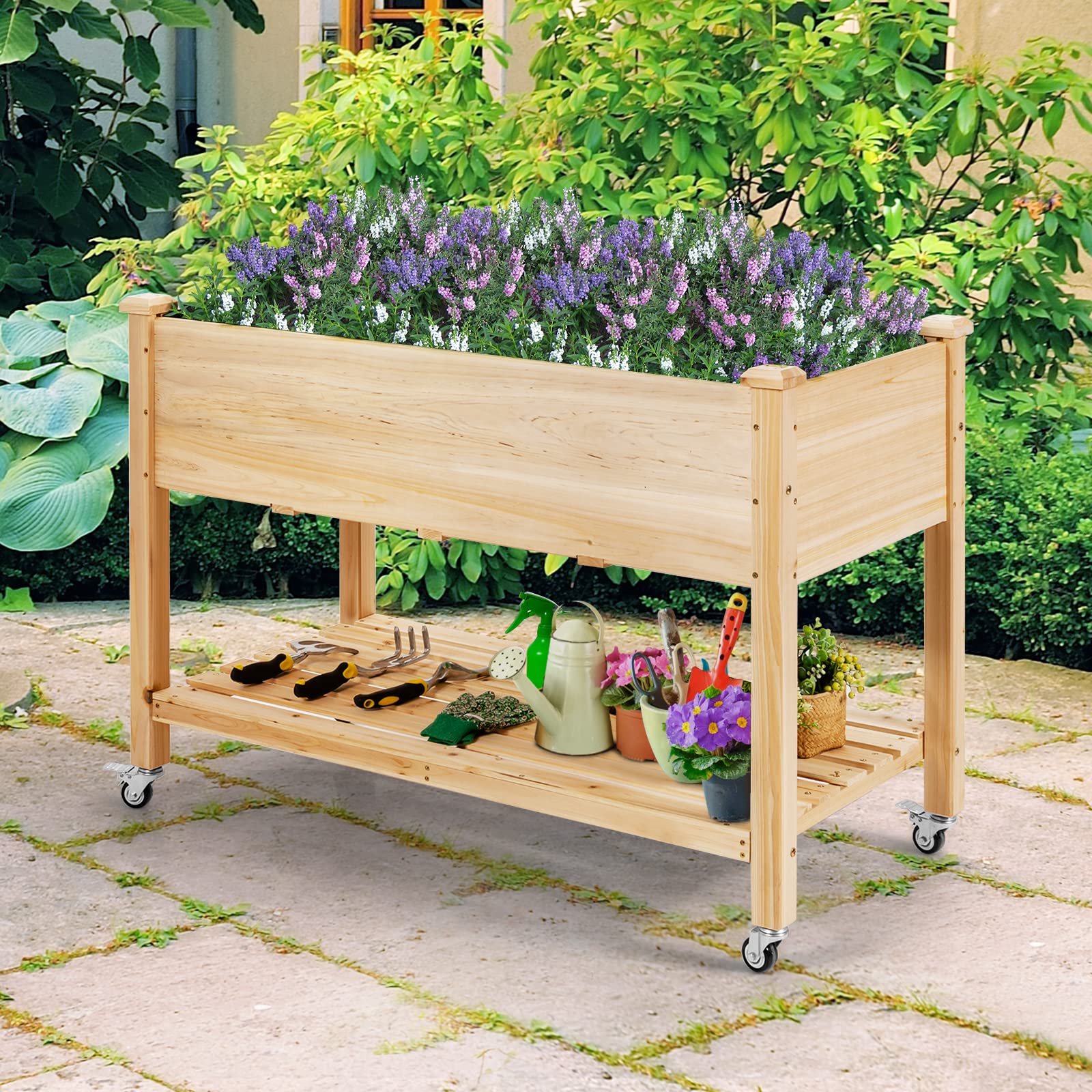 HOMASIS Jardinera de madera con ruedas y estante, jardinera para jardín, balcón, terraza, jardinera con agujeros de drenaje y forro polar, 120 x 59 x 84 cm