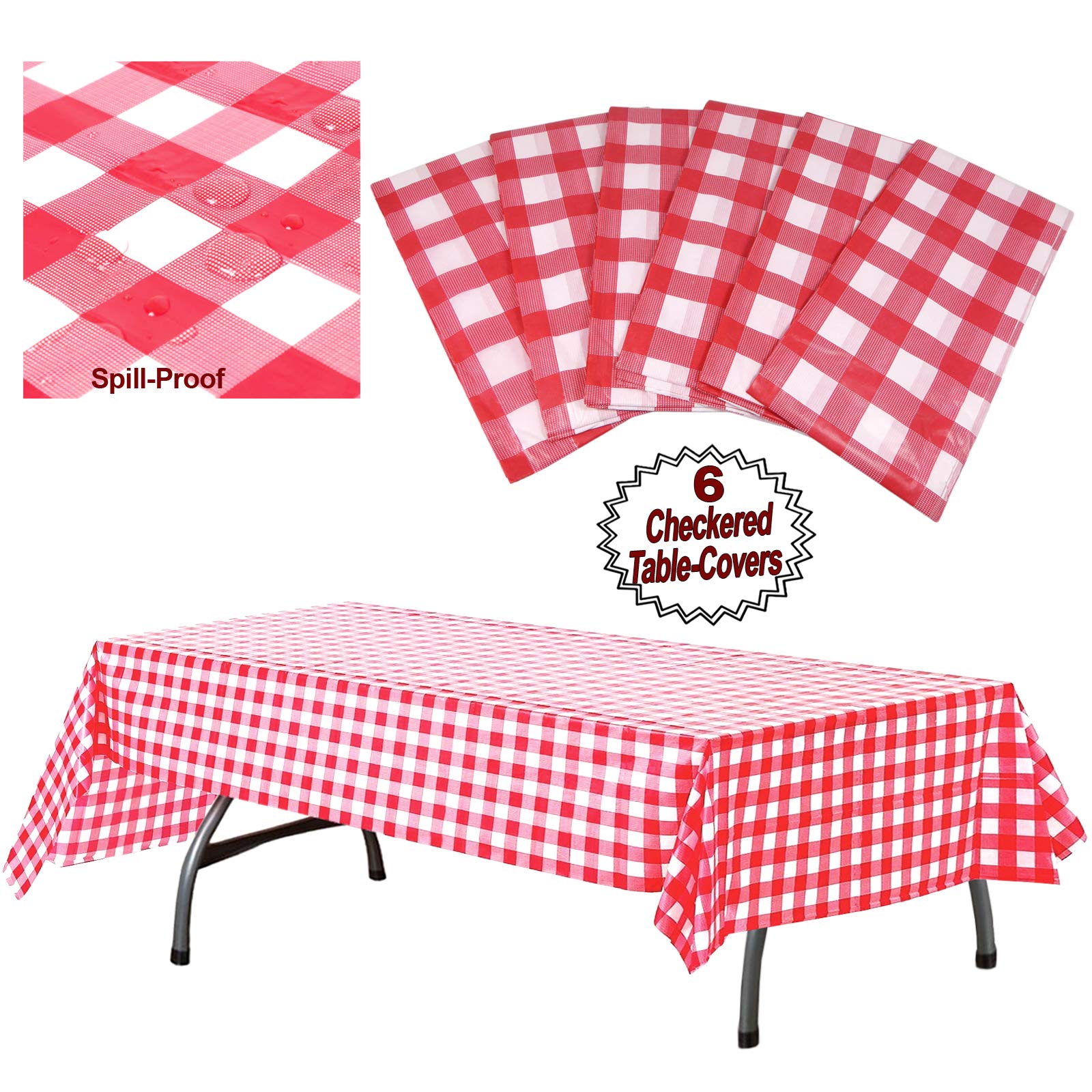 AnapolizPlastic Checkered Tablecloth | 6 Pcs Pack - 54 Wide x 108 Long | Red and White Picnic Disposable Table Cover | Rectangular Gingham Tablecover for Birthdays, Carnivals, Parties | By