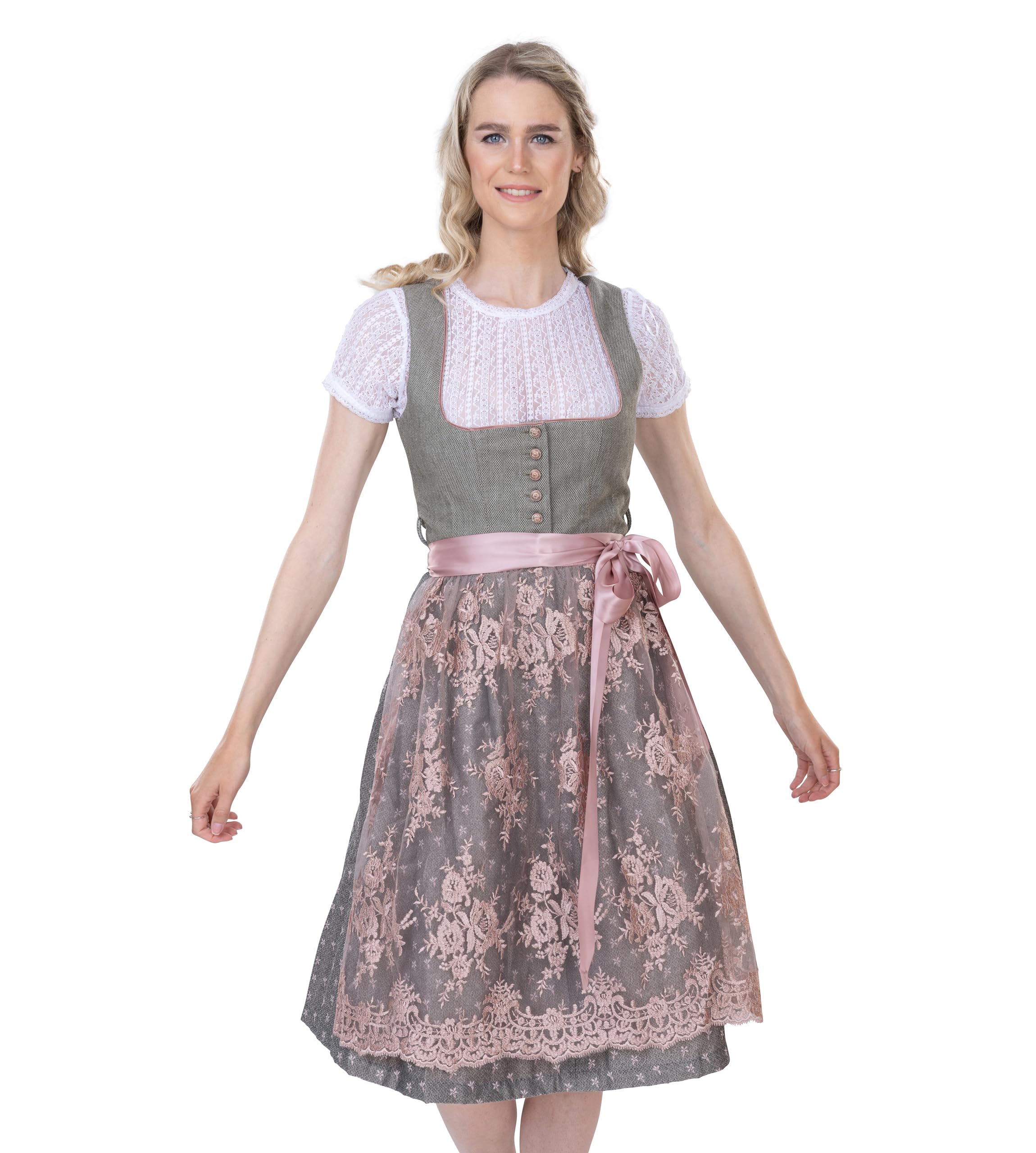 Schöneberger Dirndl Dirndl z zapięciem na guziki i koronkowym fartuchem – elegancki żakardowy Dirndl w kolorze różowym/szarym – Midi Isabella