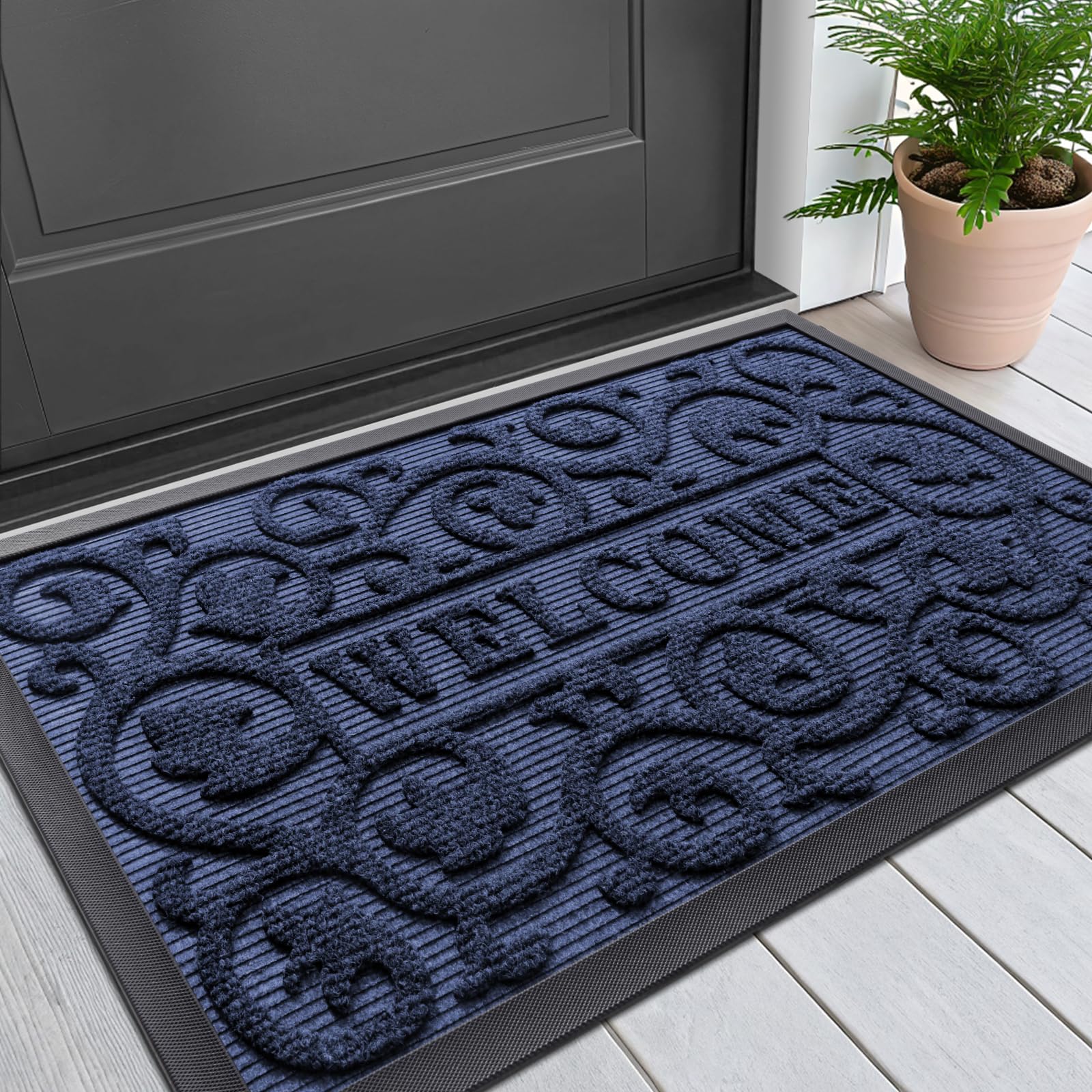 Smiry Welcome Door Mat Outside Entrance, Heavy Duty Trap Dirt and Moisture Easy Clean Low Profile Patio Porch Indoor Outdoor Front Doormat for Entry,