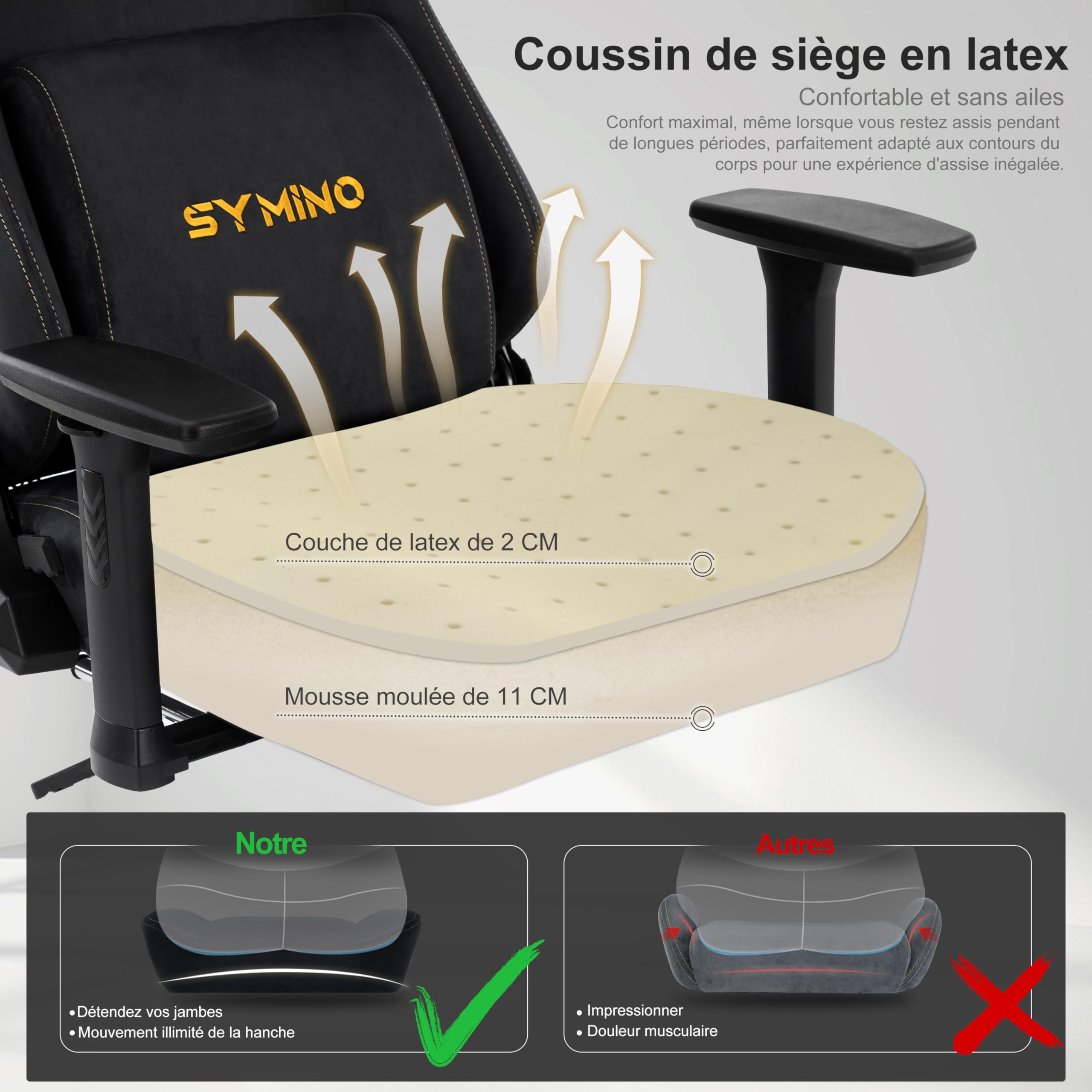 Symino Chaise Gamer XL, Siège Large Mousse+Latex, Support Lombaire & Tête, Inclinaison 175°, 300kg, Roues Silencieuses Incluses (Faux Daim, Noir)