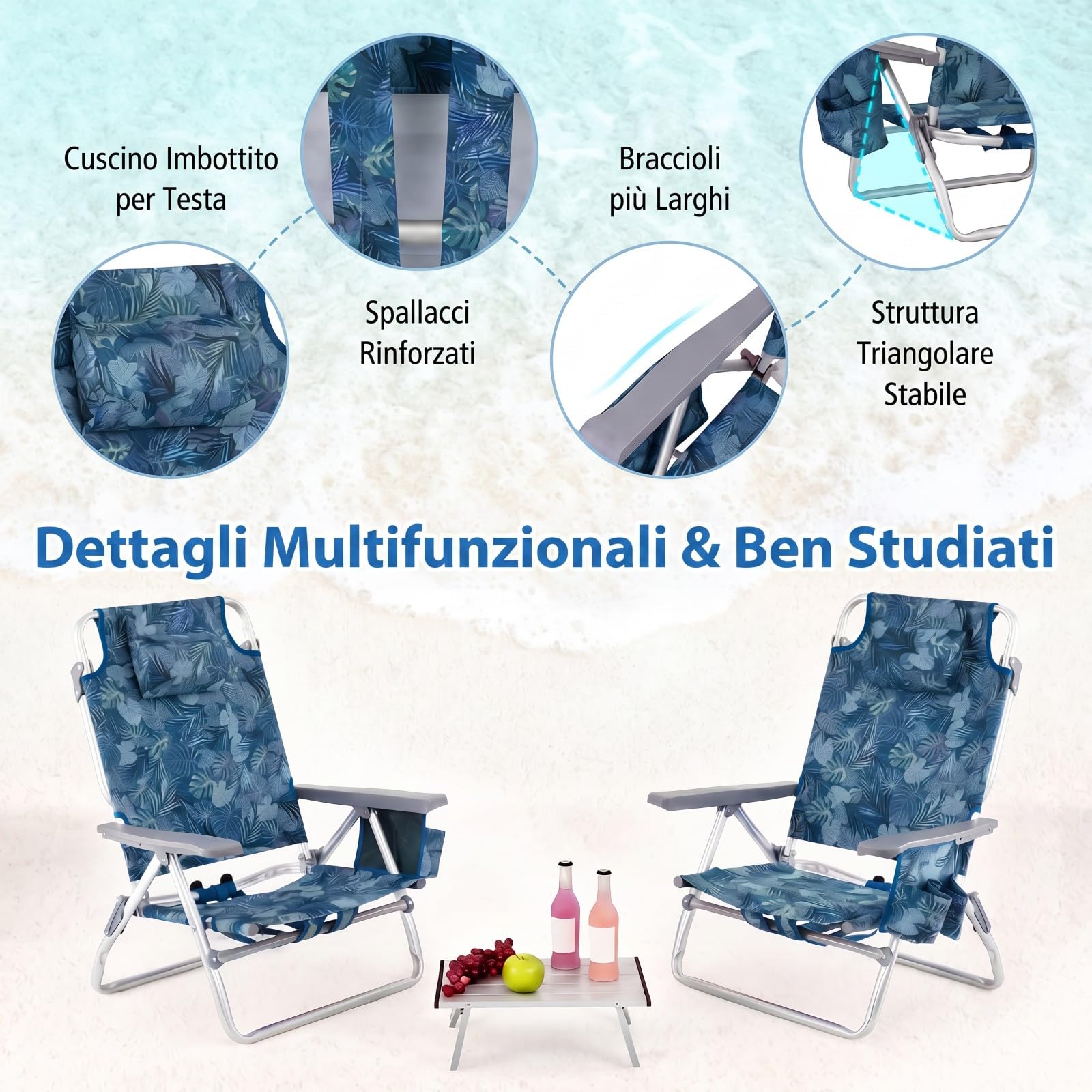 COSTWAY Set Sedia da Spiaggia, con Tavolino Pieghevole, Schienale Regolabile a 5 Livelli, Poltrona da Spiaggia con Cuscino per Testa, Sedia da Campeggio, Portata 136 kg (Blu Scuro, Modello 2)