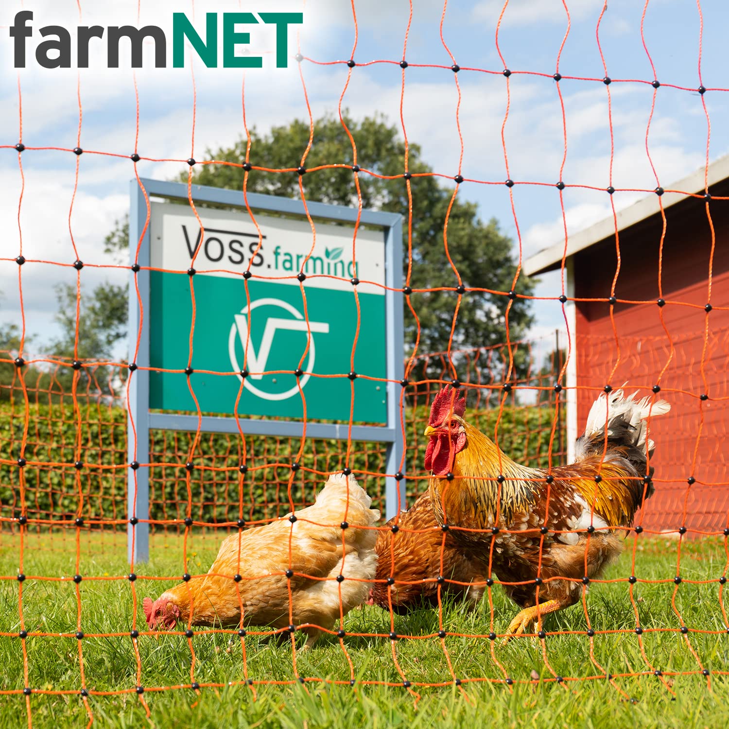VOSS.farming Premium Hühnernetz farmNET 25m 112cm Orange 2 Spitzen 9 Pfähle Hühnerzaun Elektronetz